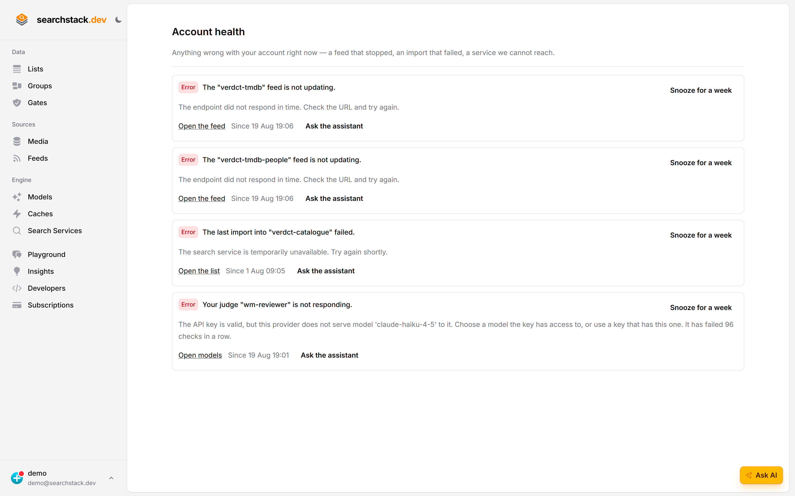 The Account health page listing real failures