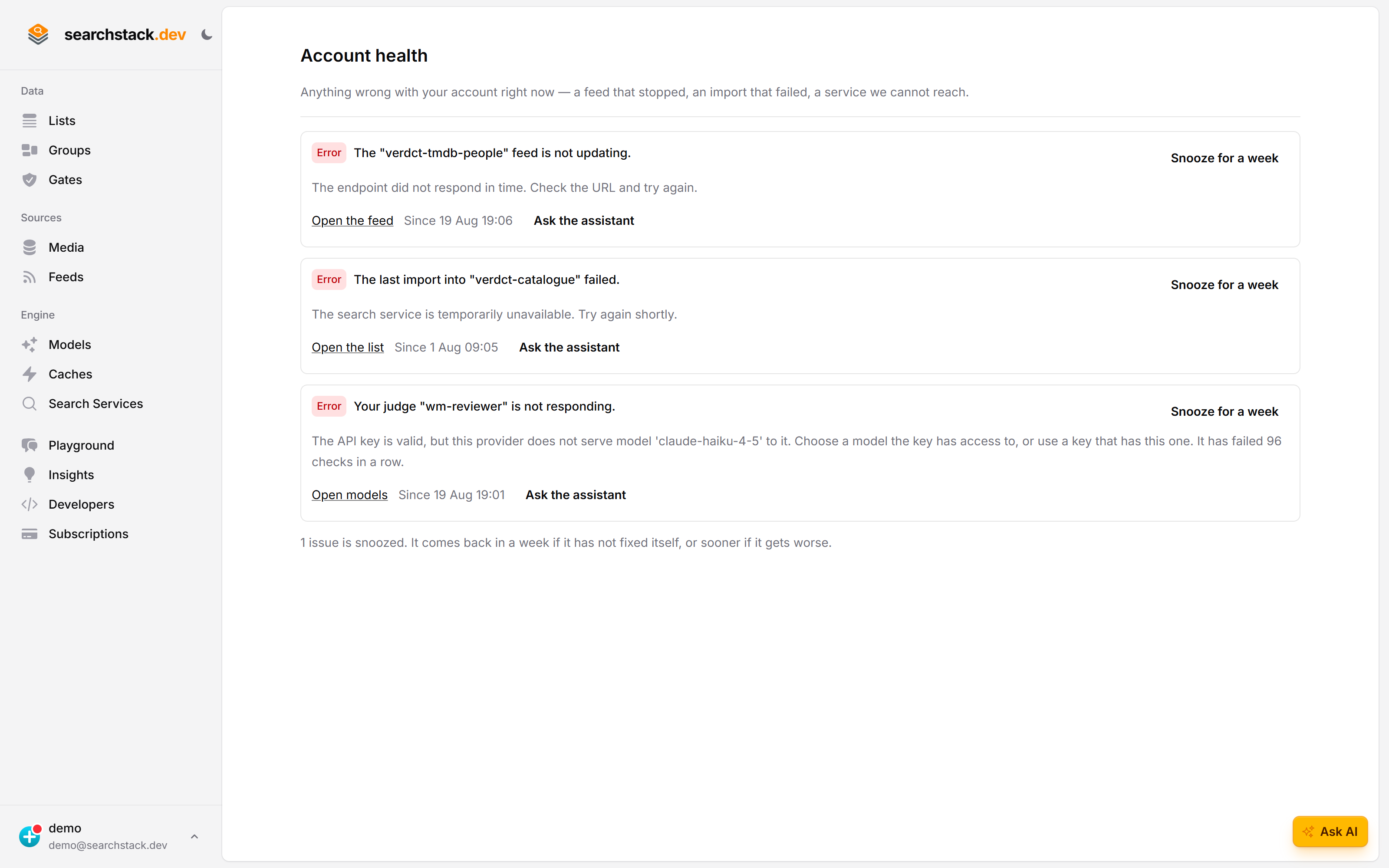 Snoozing an account health alert for a week