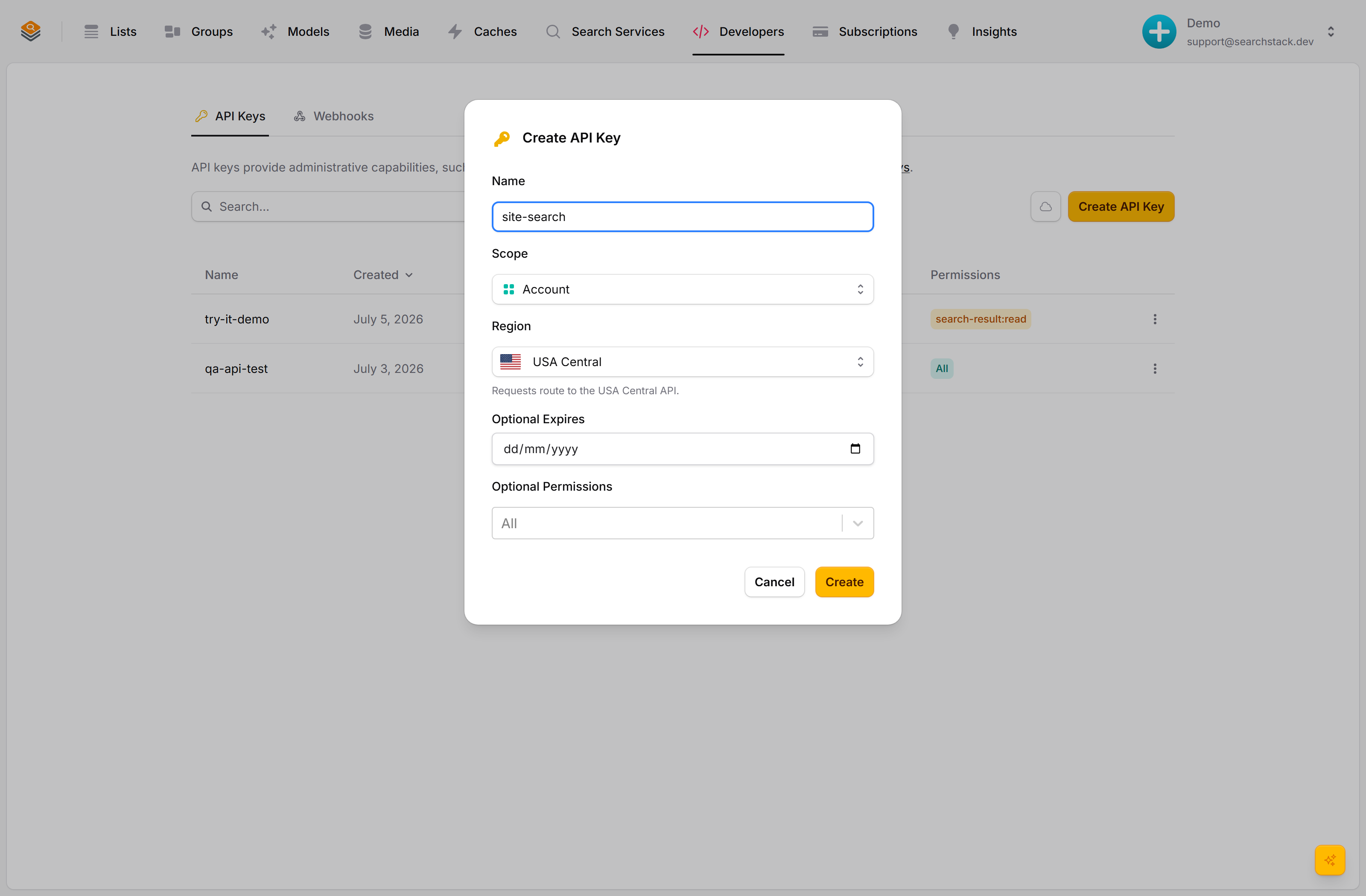 The create-API-key dialog
