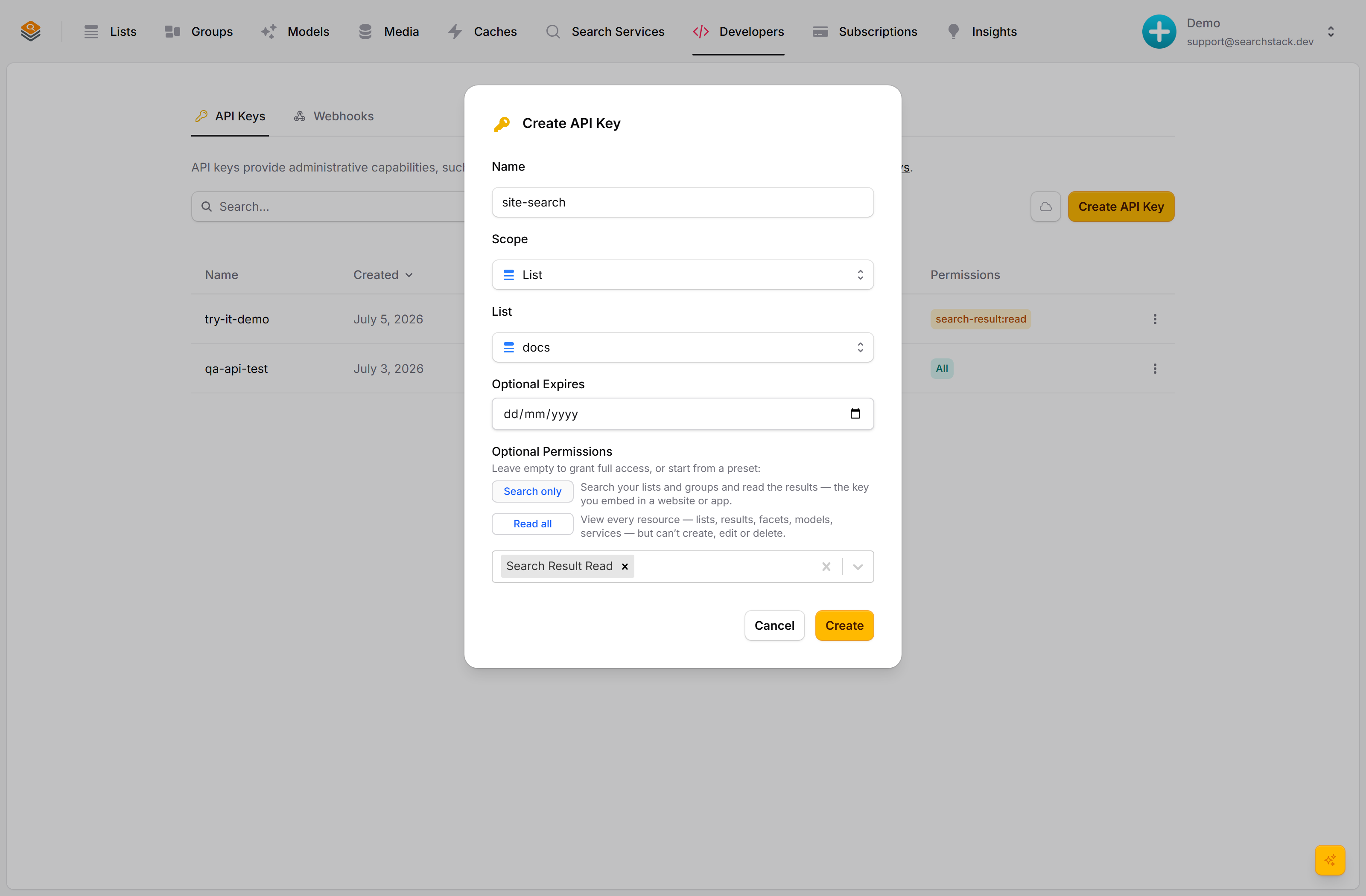A search-only key scoped to one list