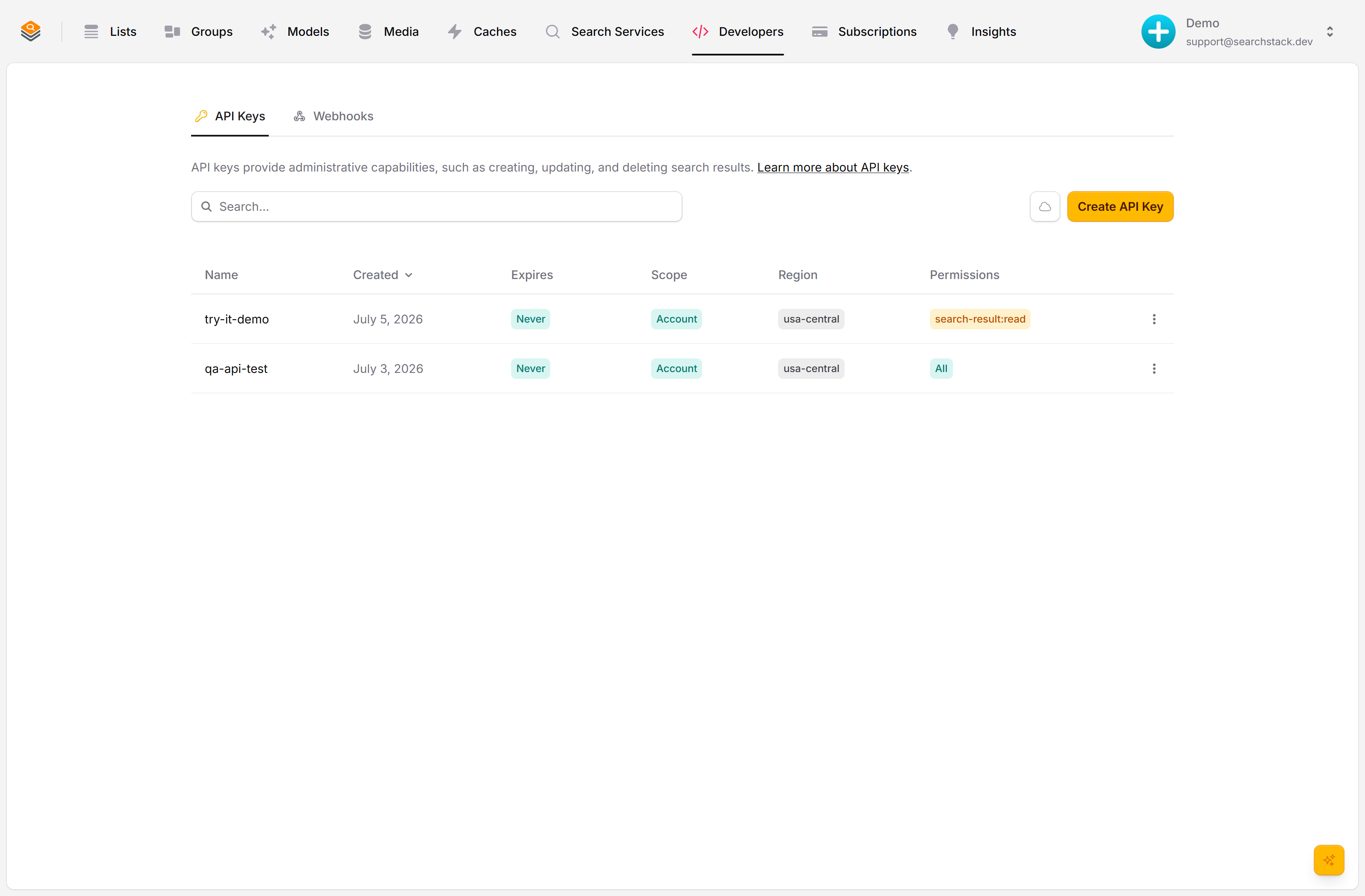The API Keys page