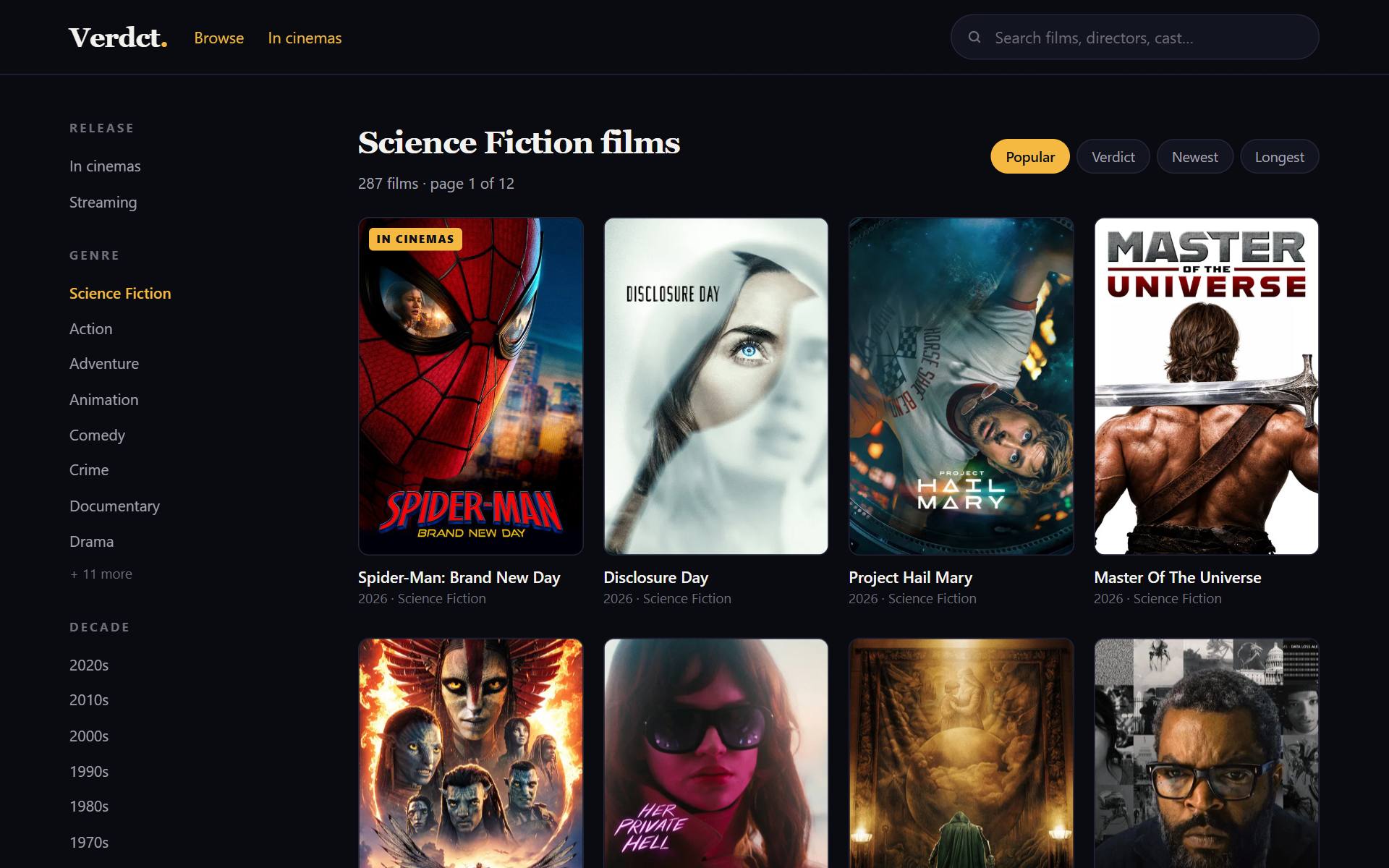 Verdct's browse page filtered to science fiction, with genre and decade rails down the left, a count of 287 films across 12 pages, sort options, and a grid of posters.