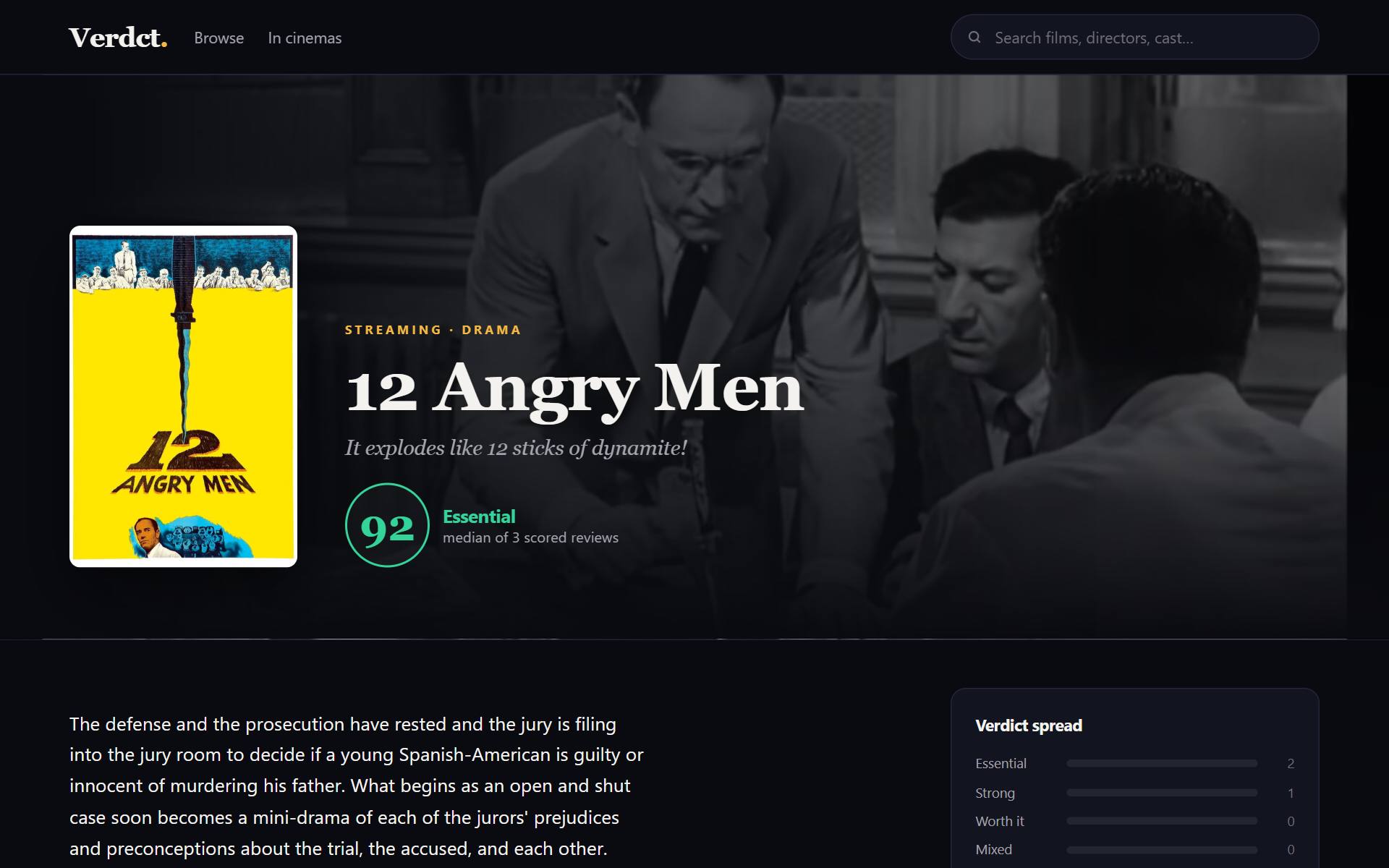 Verdct's page for 12 Angry Men: poster, backdrop, tagline, a verdict of 92 described as Essential from the median of three scored reviews, and a breakdown of how those reviews landed.