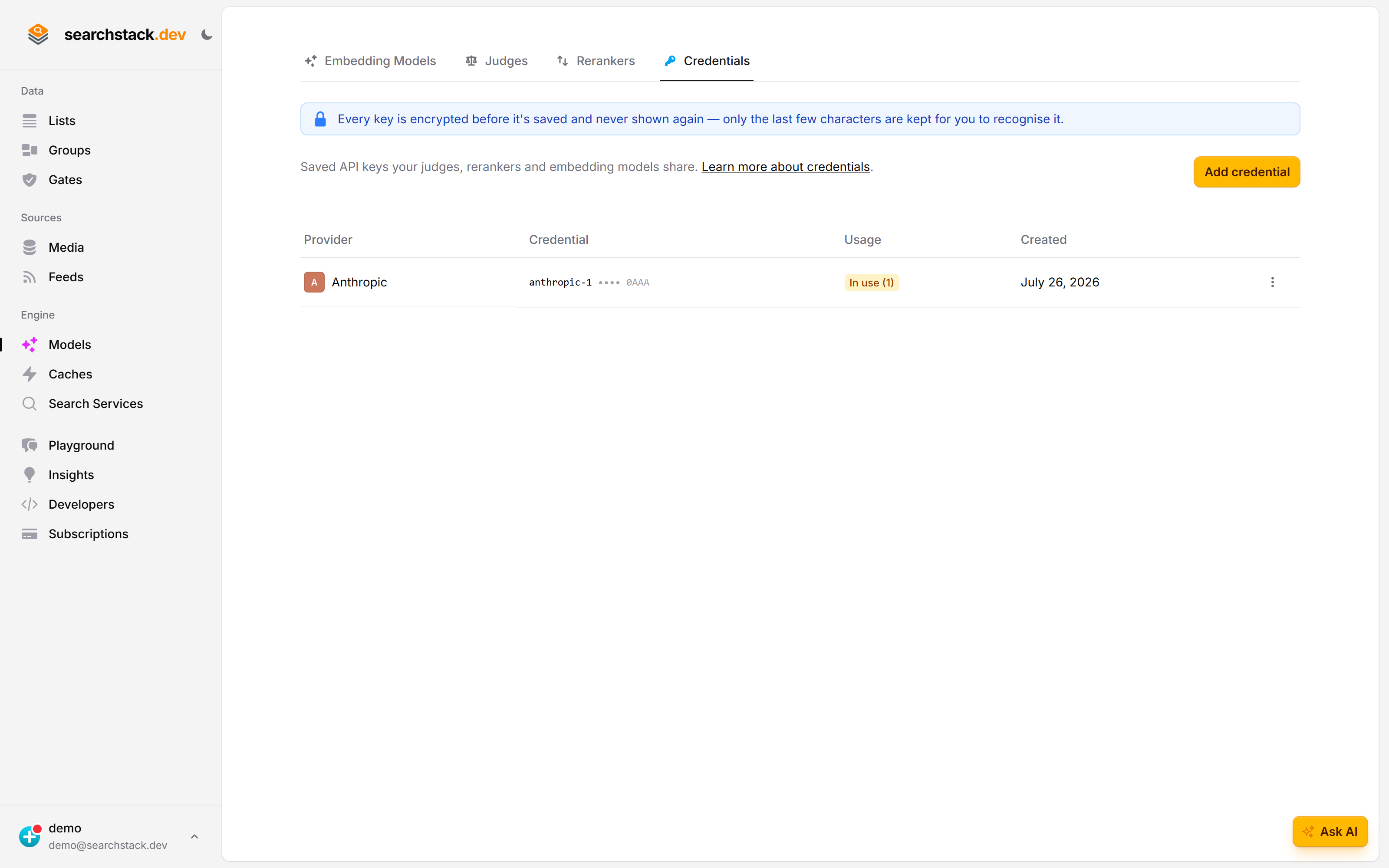 The Credentials tab listing a saved provider key with its usage count