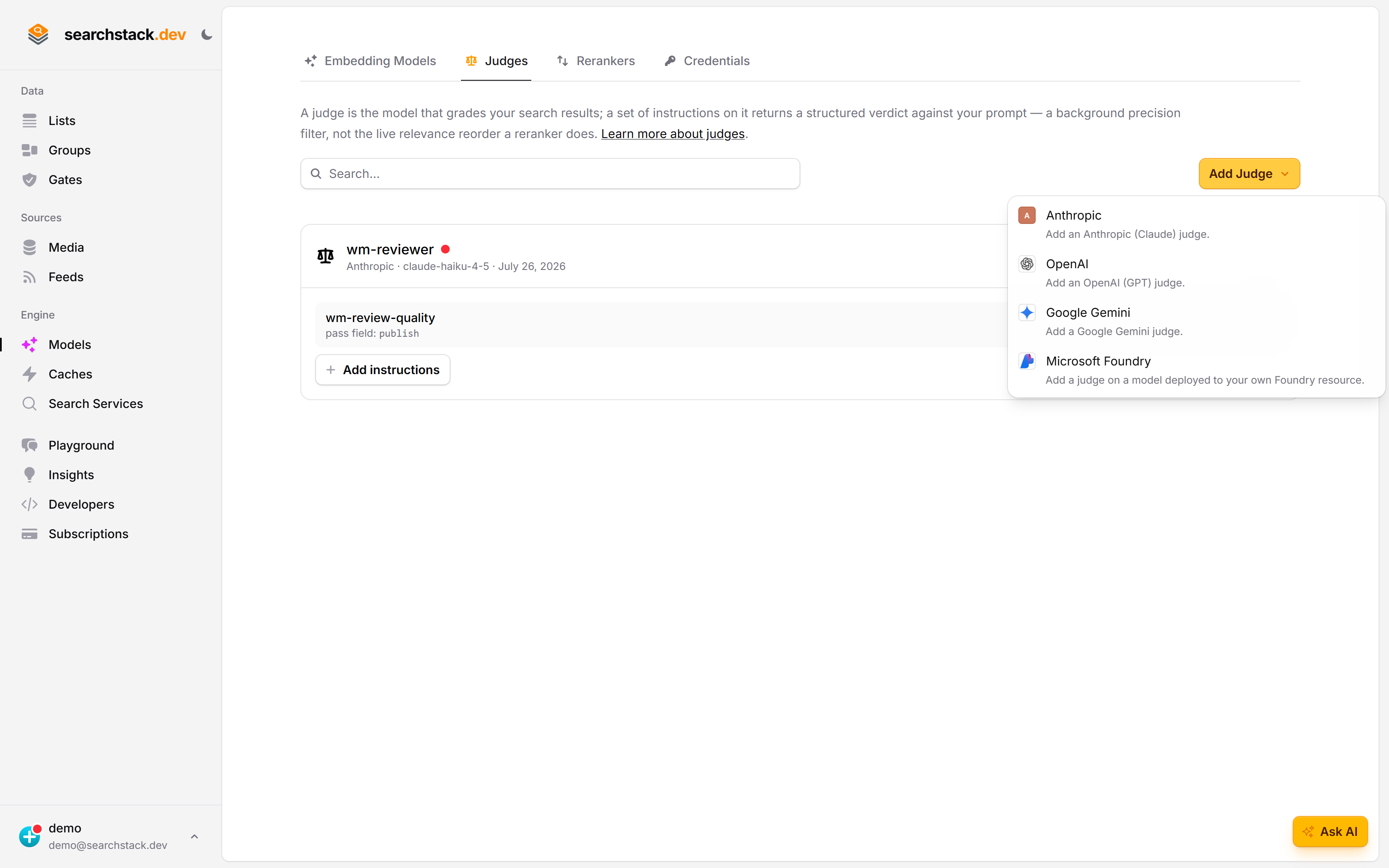 Adding a judge, choosing the provider whose saved key it will reuse