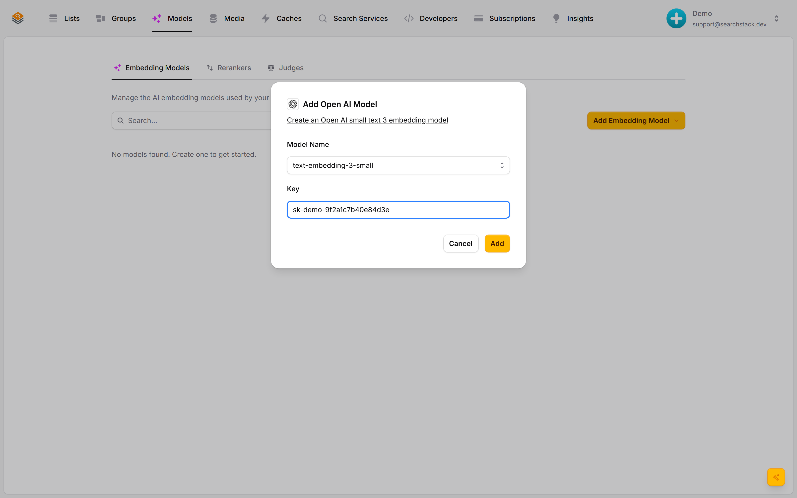 The create-embedding-model dialog
