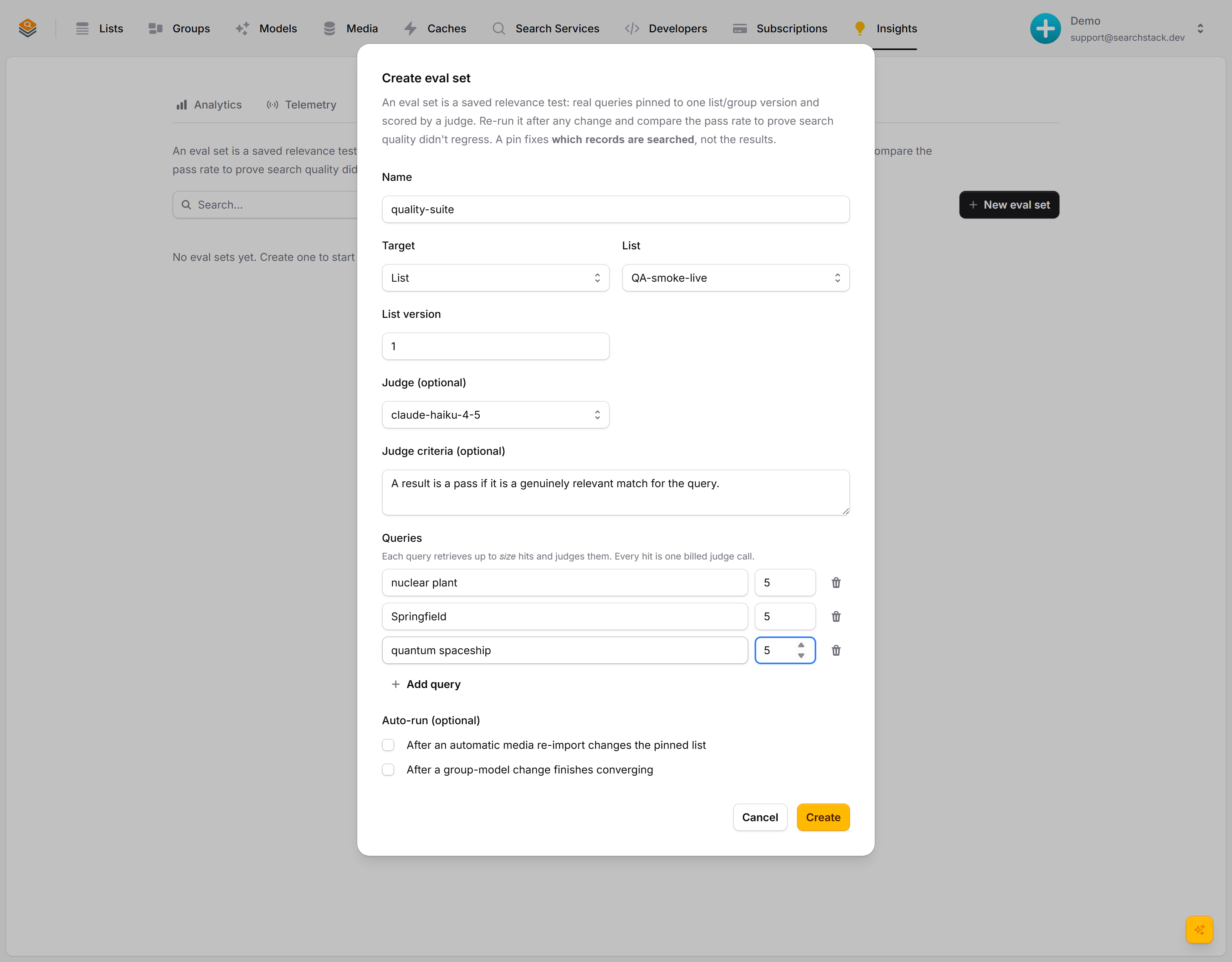 The create eval-set dialog