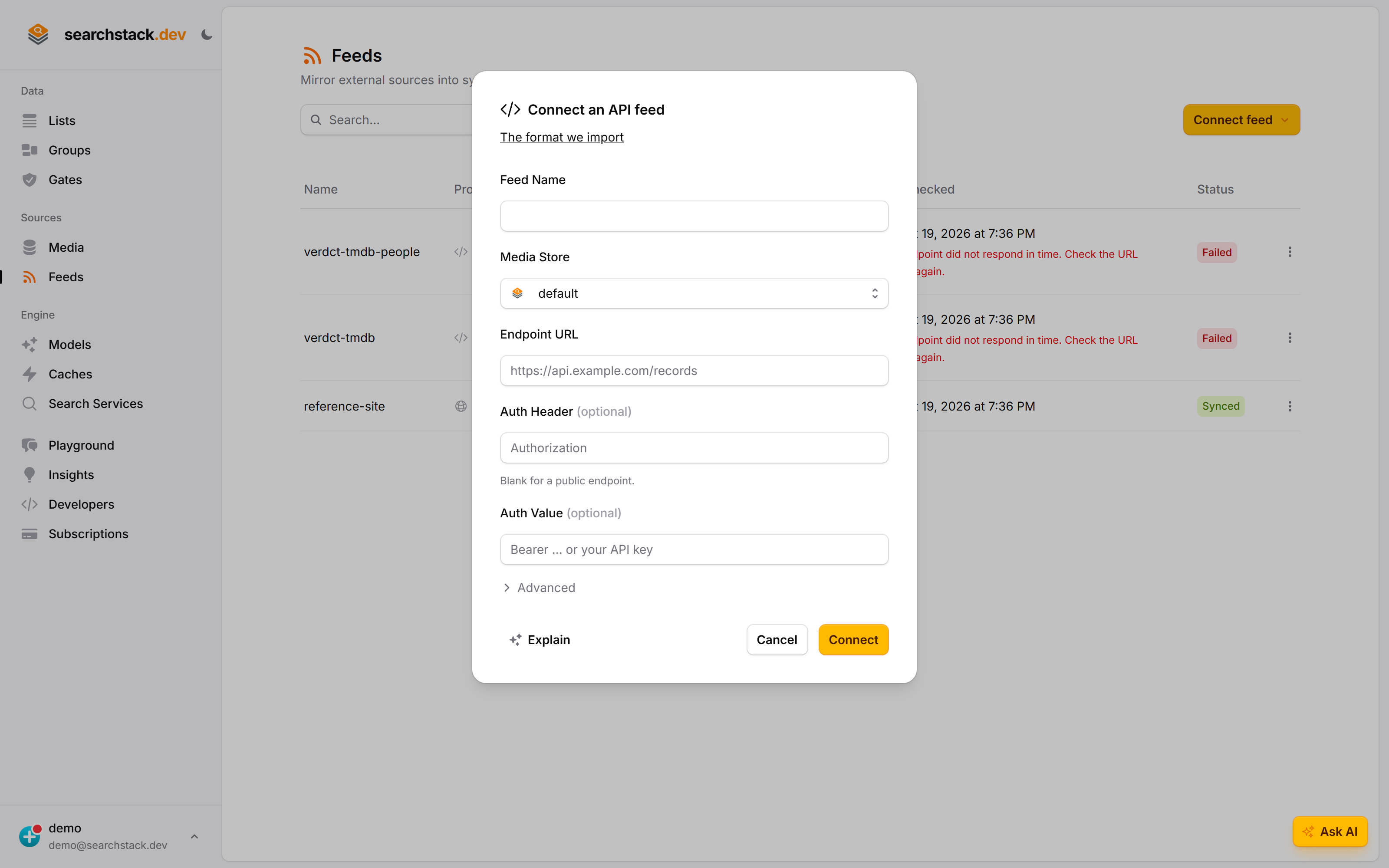 The Connect an API feed dialog