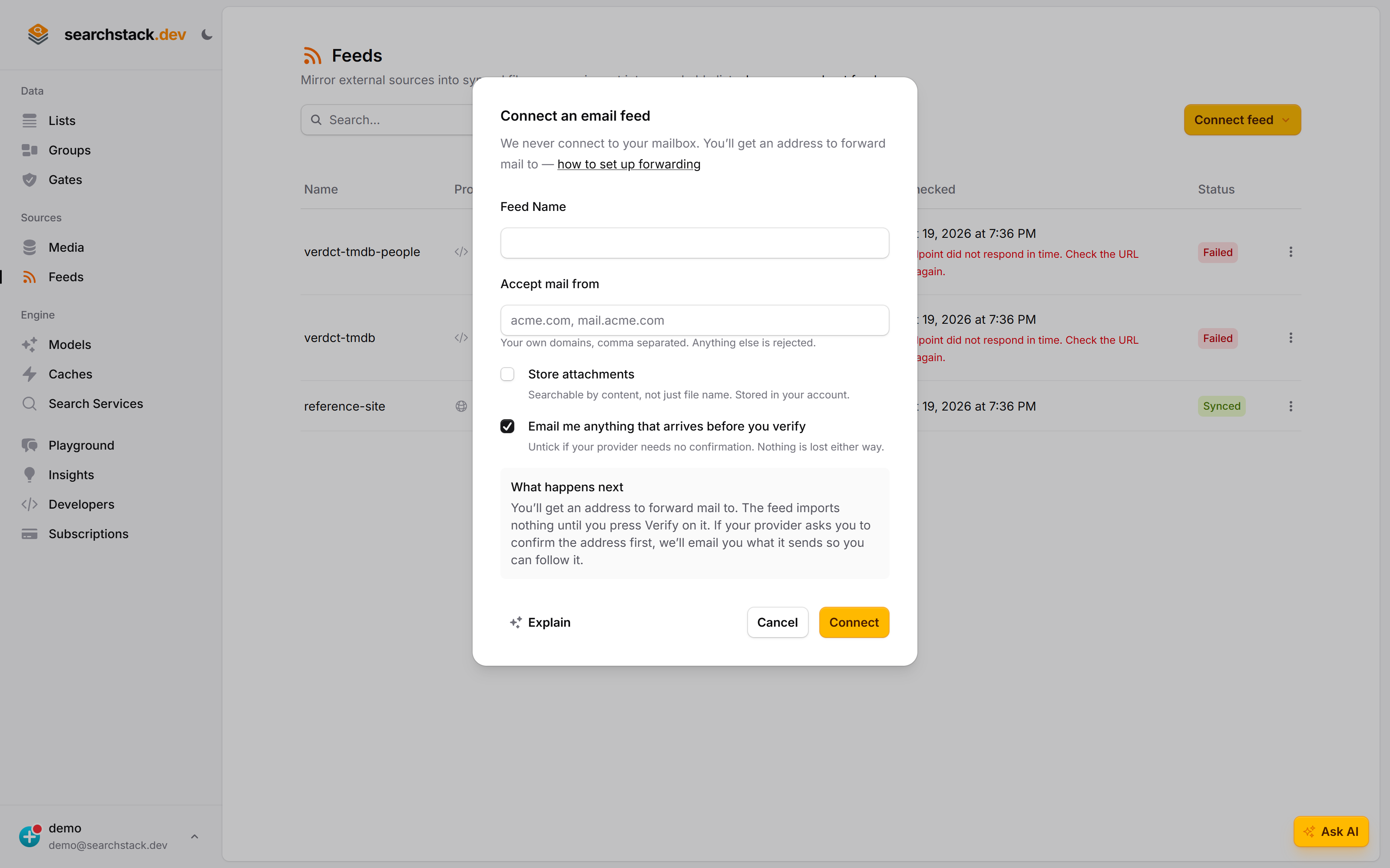 The Connect an email feed dialog