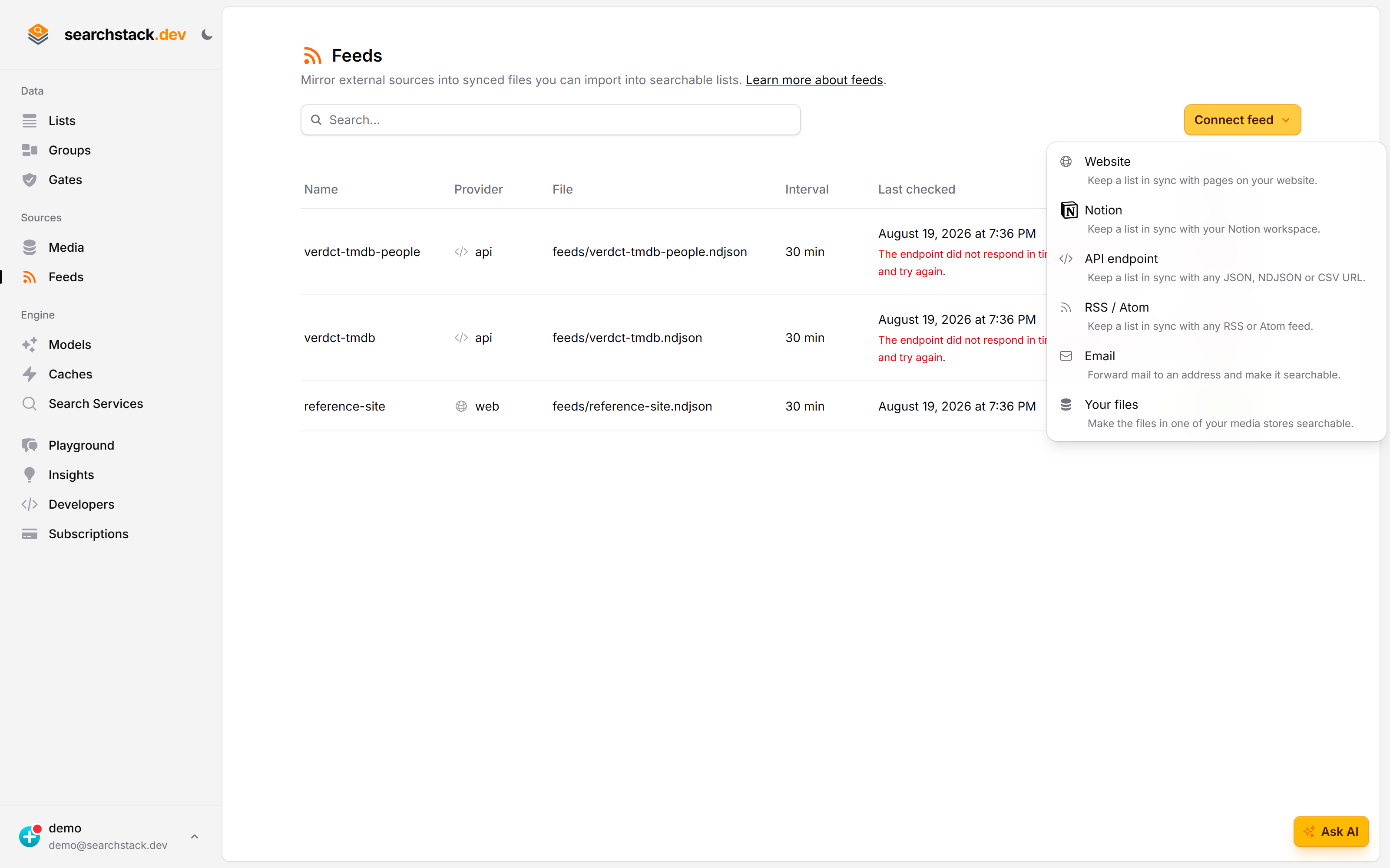 The Connect feed menu listing website, Notion, API endpoint, RSS, email and your files