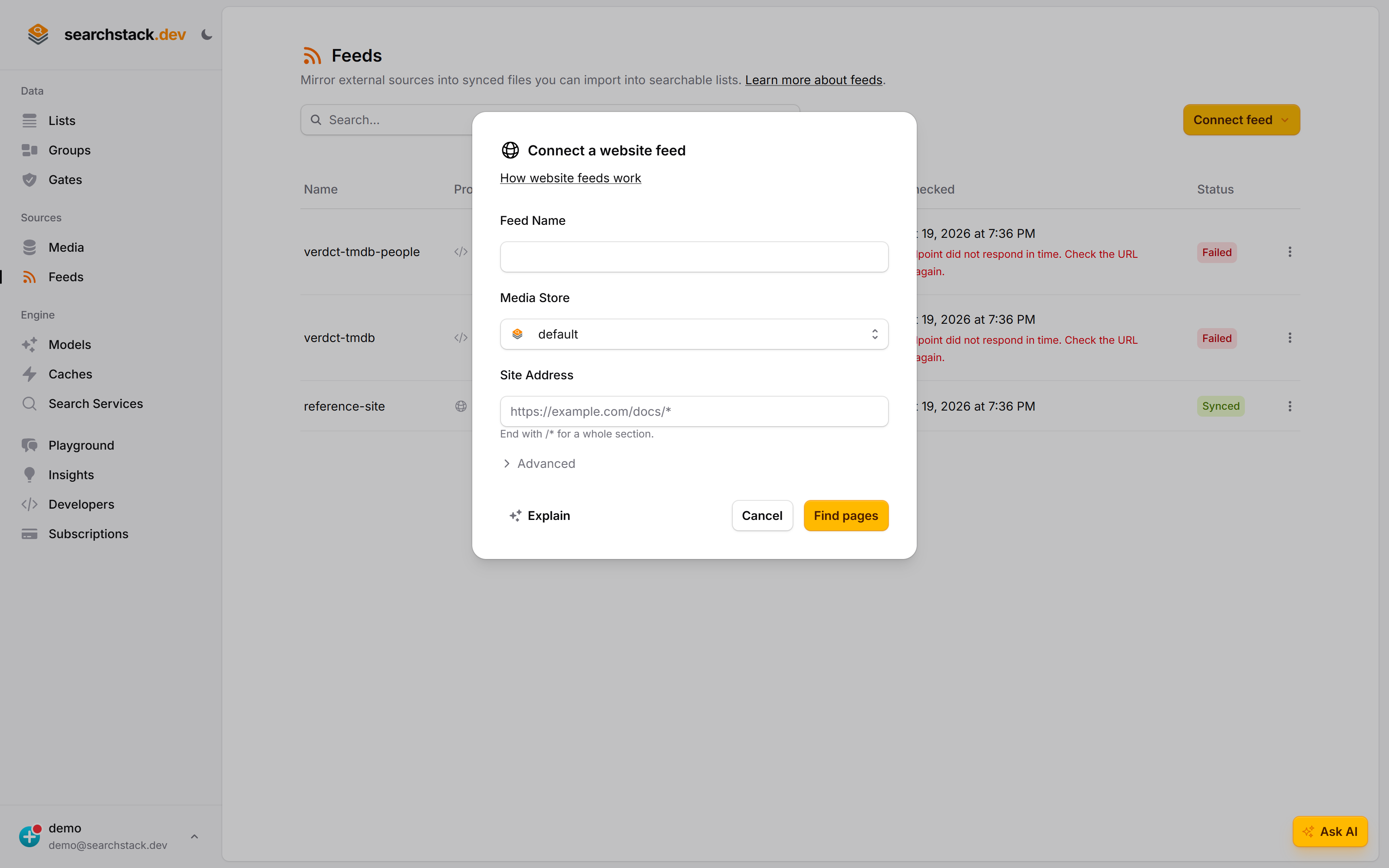 The Connect a website feed dialog