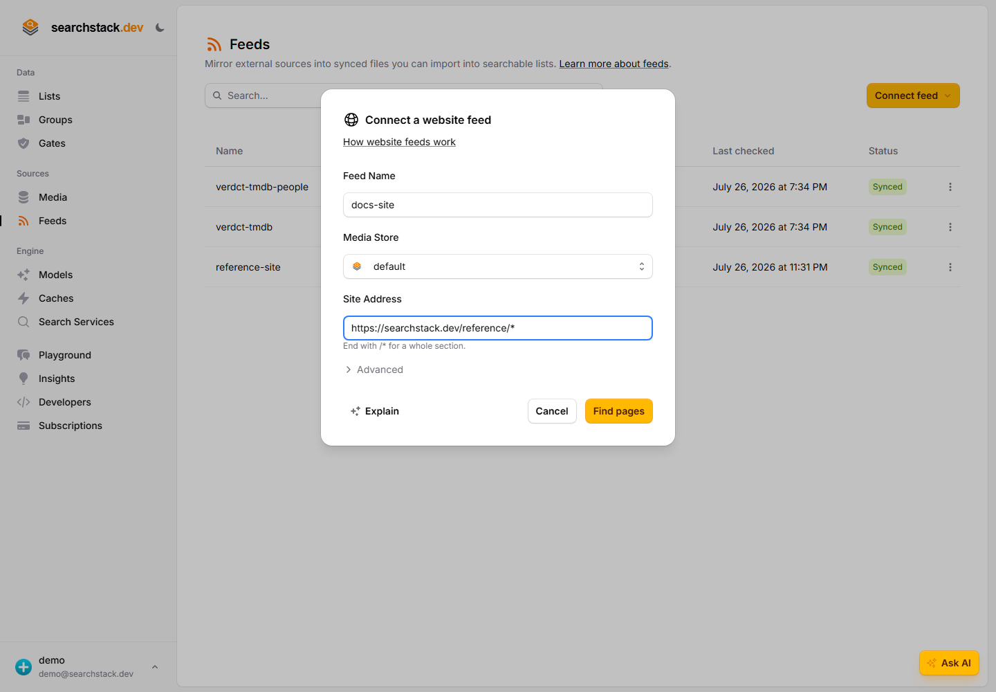 The Connect a website feed dialog with feed name, media store and site address fields