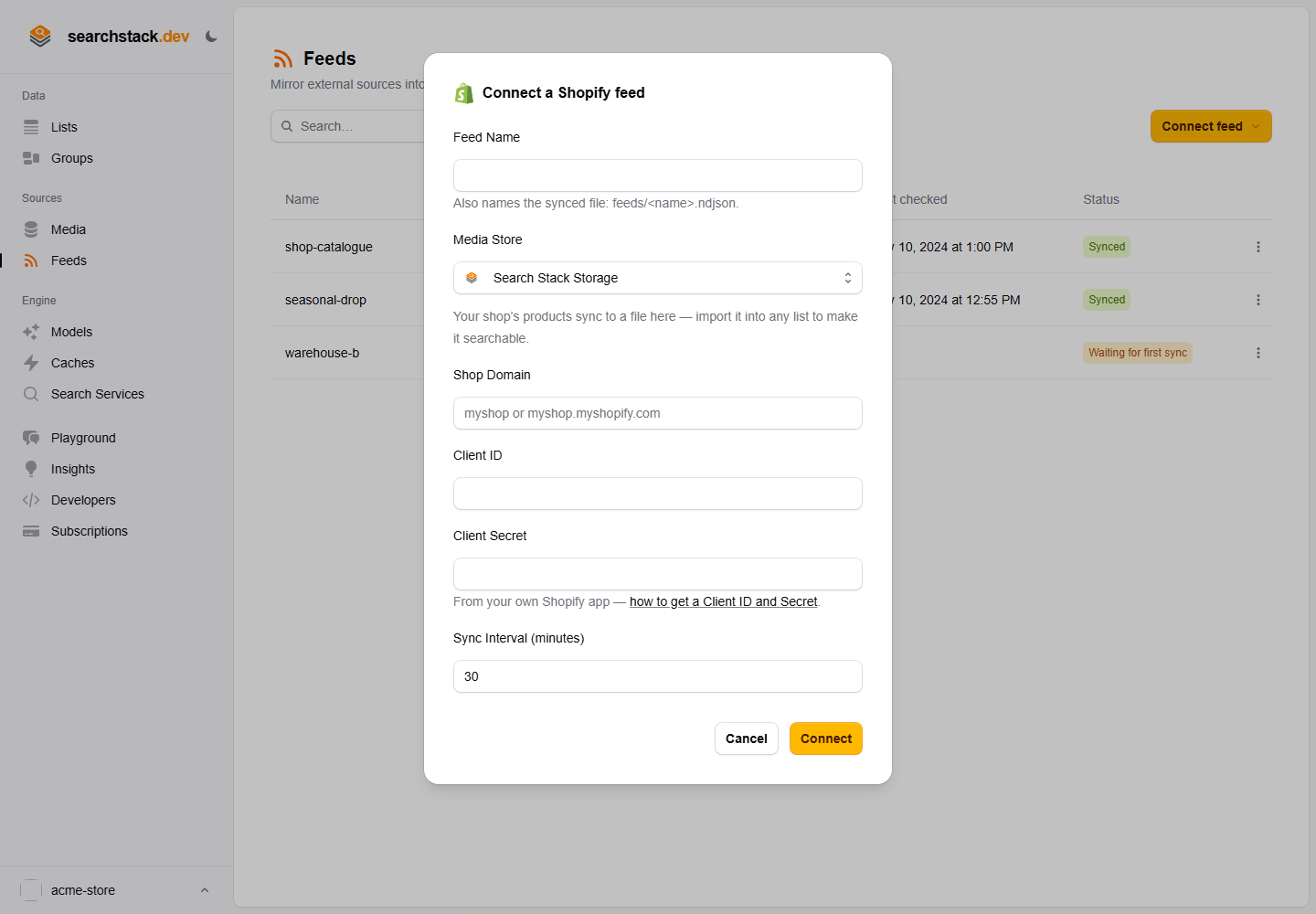 The Connect a Shopify feed dialog: feed name, media store, shop domain, Client ID and Client Secret, and a sync interval