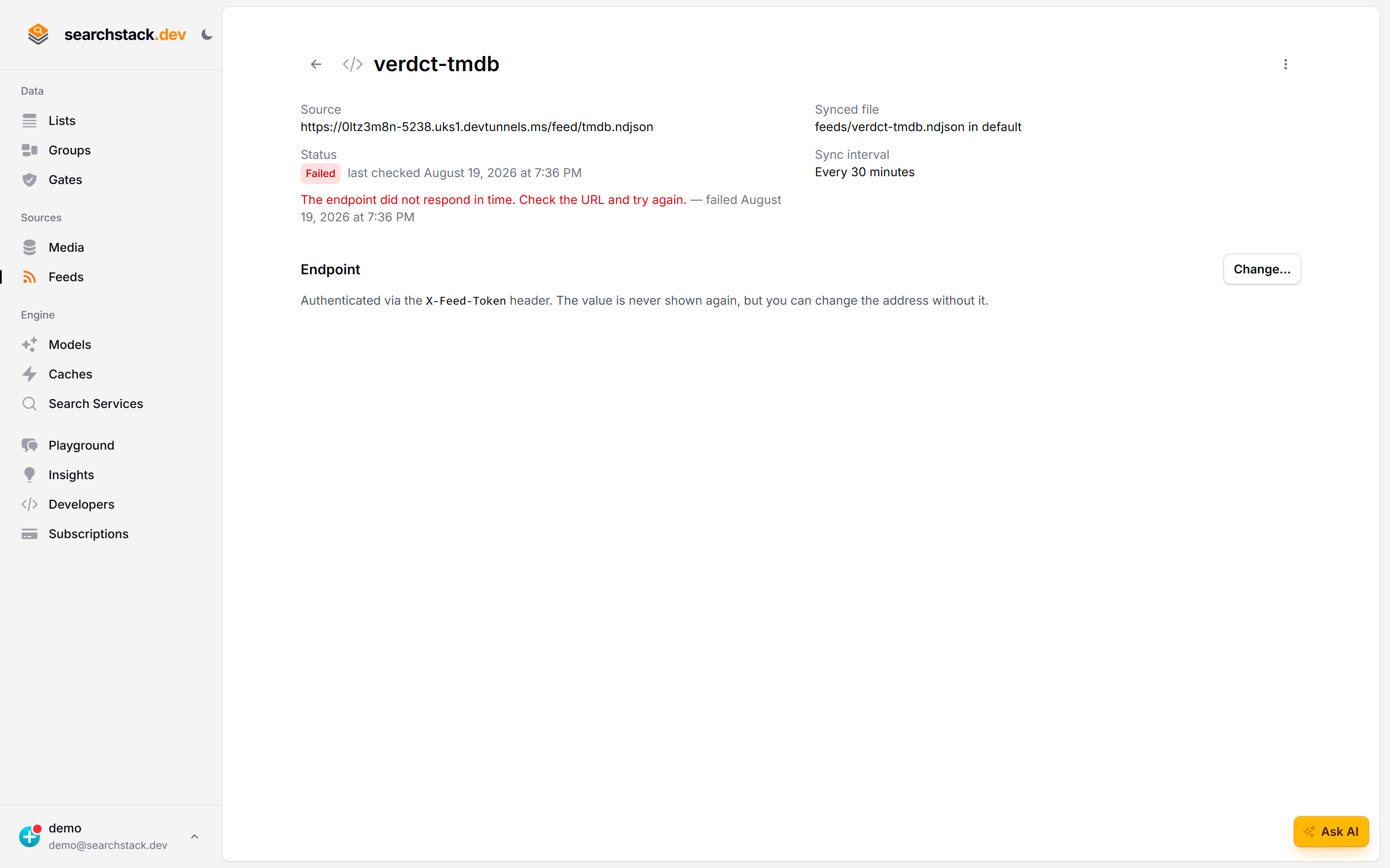 An API feed's detail page showing a failed check with the reason
