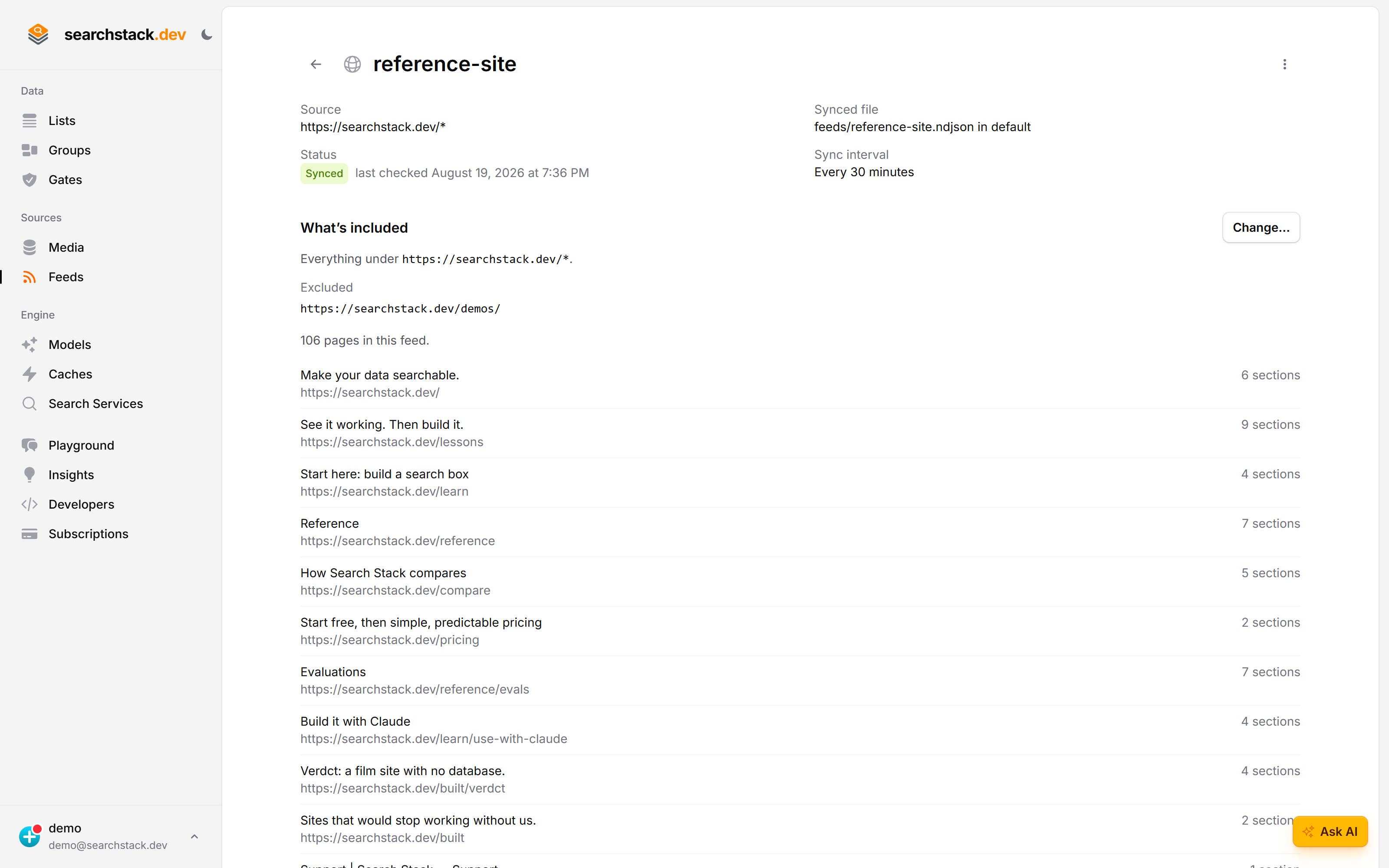 A connected website feed's detail page