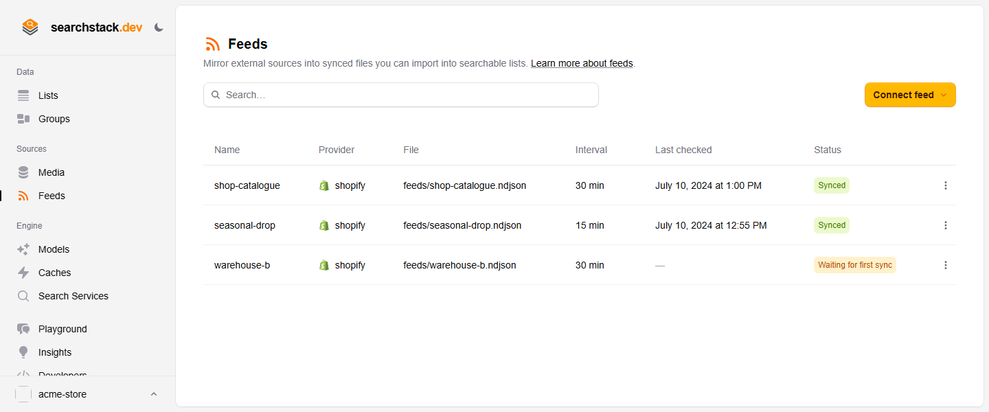 The Feeds page listing connected feeds with provider, synced file, interval, last checked and a Synced or Waiting status badge