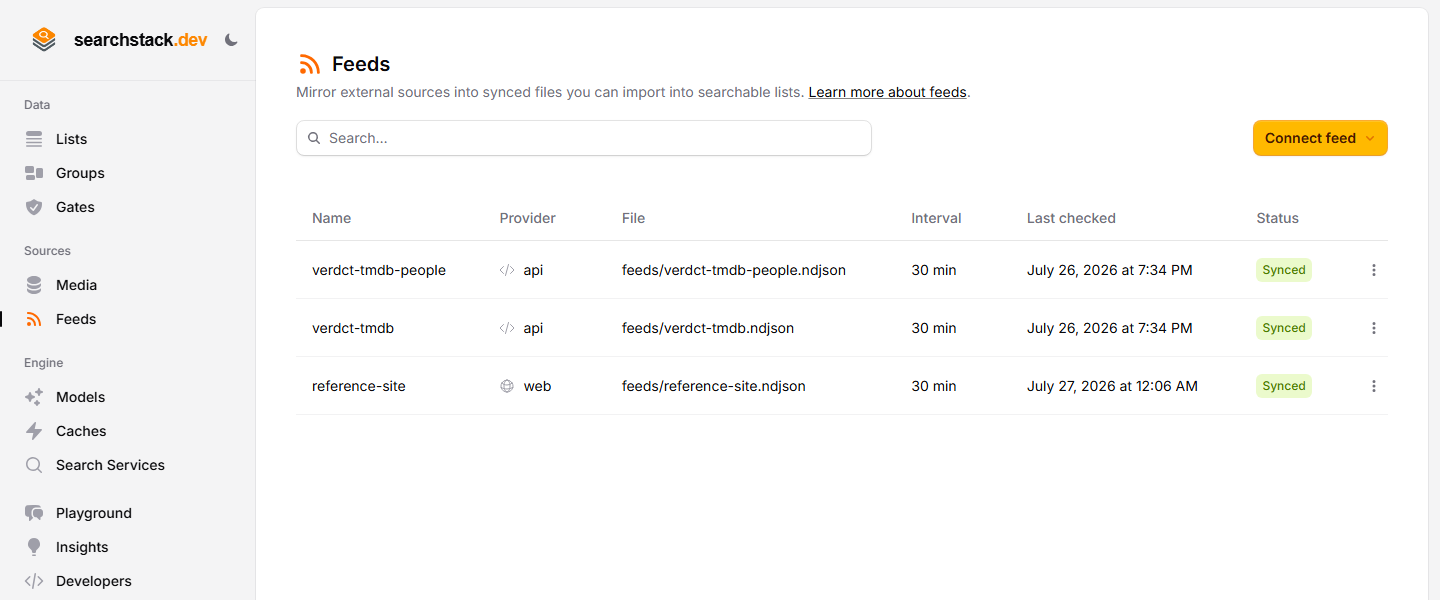 The Feeds page listing a connected feed with its file, interval and status badge