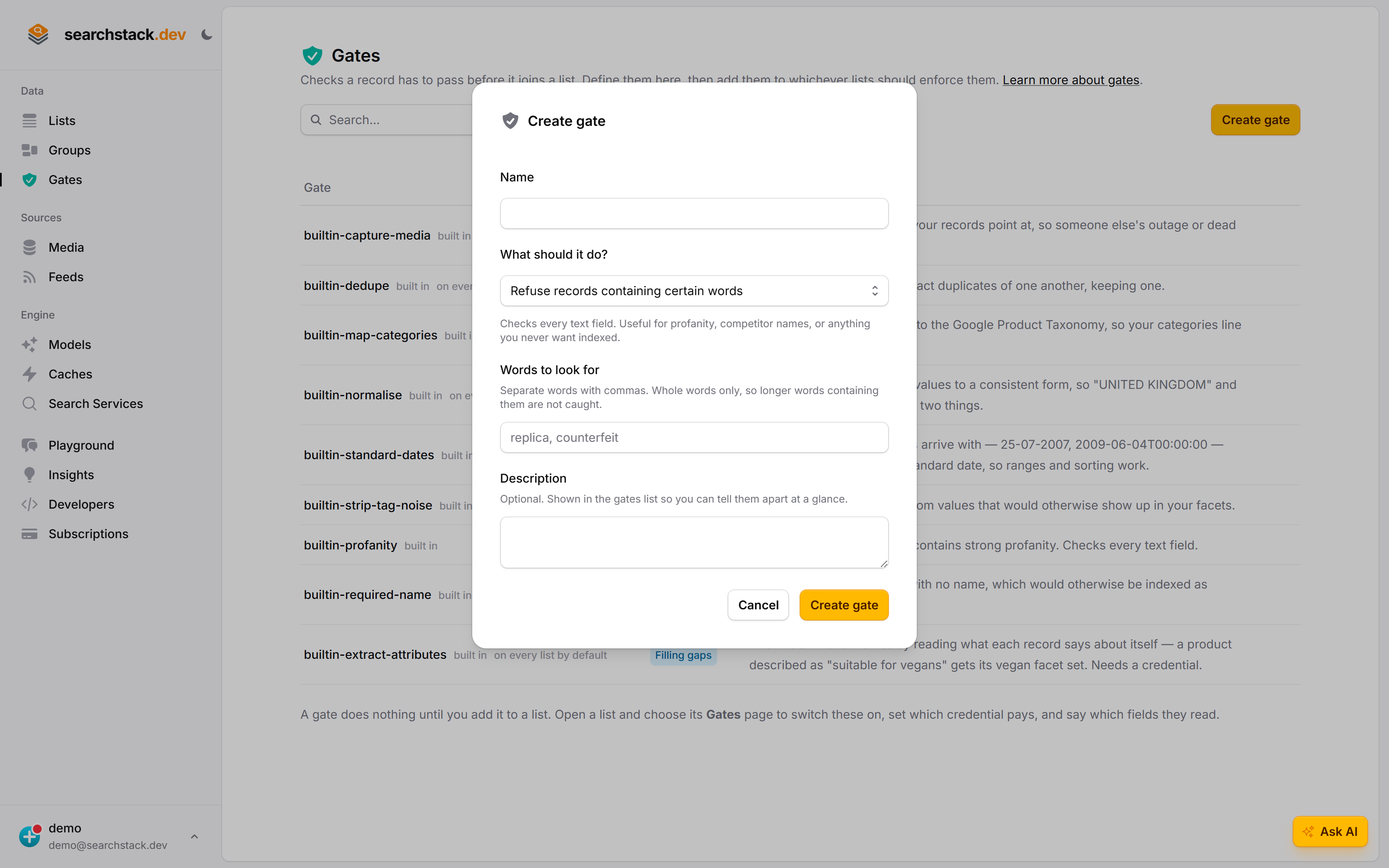 The Create gate dialog, choosing what the gate should do