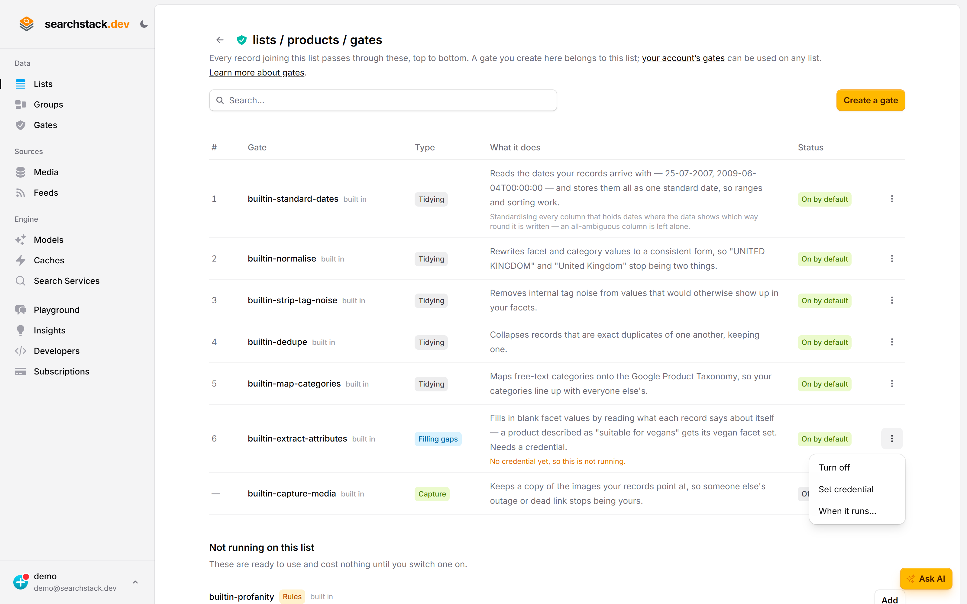 The gap-filling gate reporting that it has no credential, with its menu open