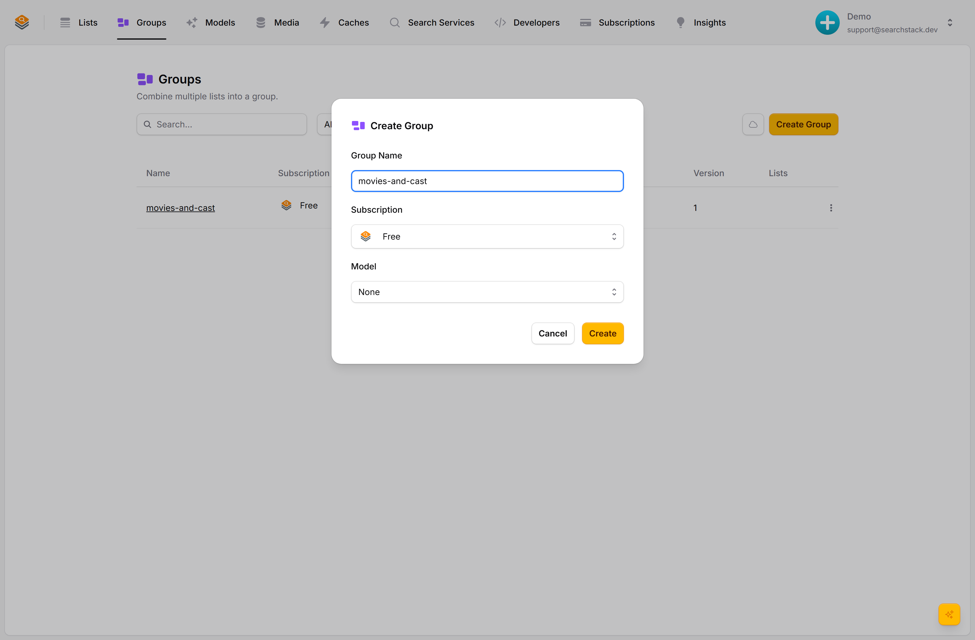 The Create Group dialog with name, subscription and embedding-model fields