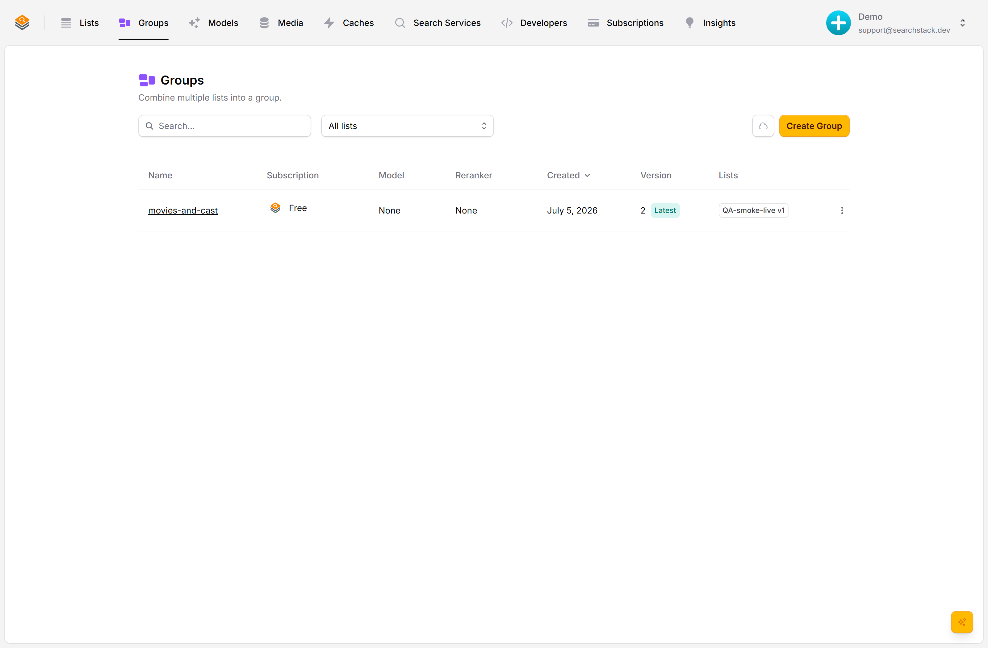 The Groups table: one group with its subscription, model, reranker, created date, version with a Latest badge, and a chip naming each member list and the version it is pinned to