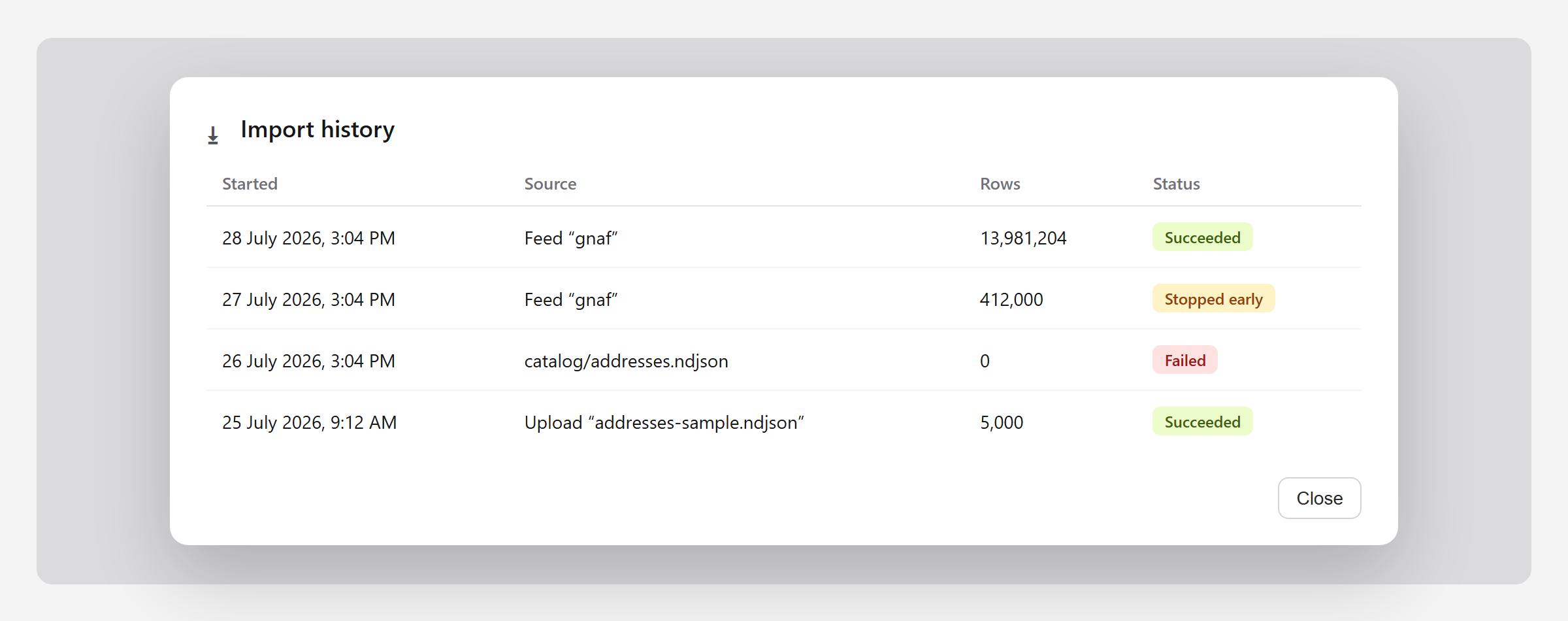 The Import history dialog listing four runs with their sources, row counts and statuses
