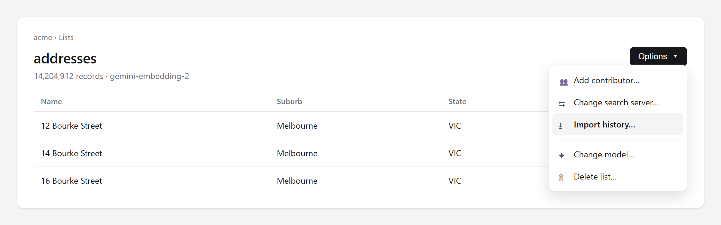 A list page with the Options menu open, showing the Import history item