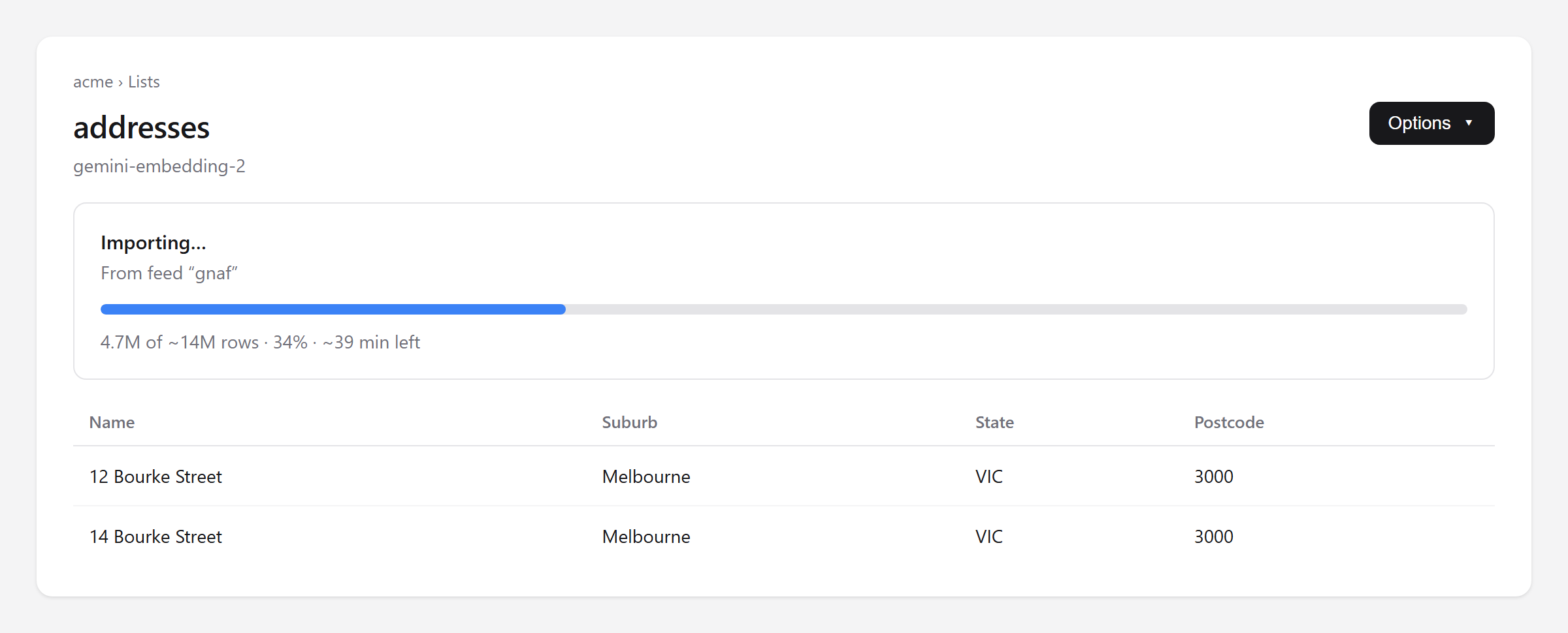 A list page showing an import in progress: a bar at 34%, with 4.7M of ~14M rows and about 39 minutes left