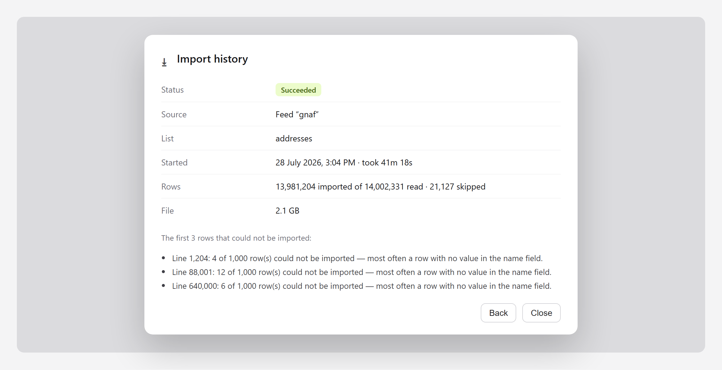 One import run: succeeded, 13,981,204 imported of 14,002,331 read, with the first affected line numbers