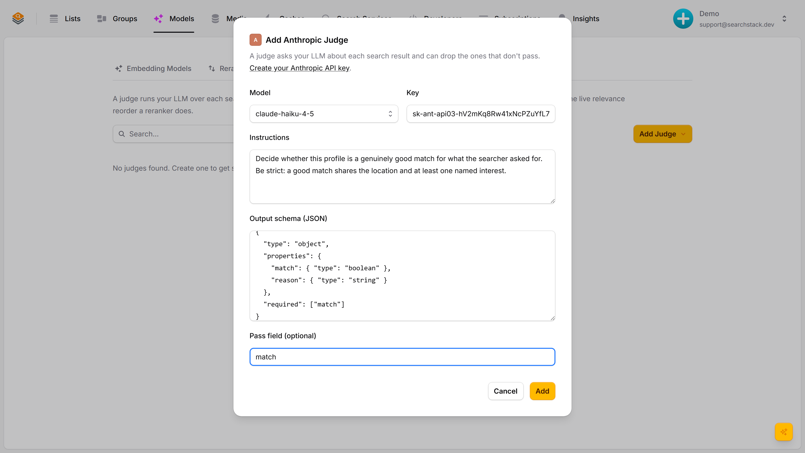 The Add instructions dialog with the prompt, schema and pass field