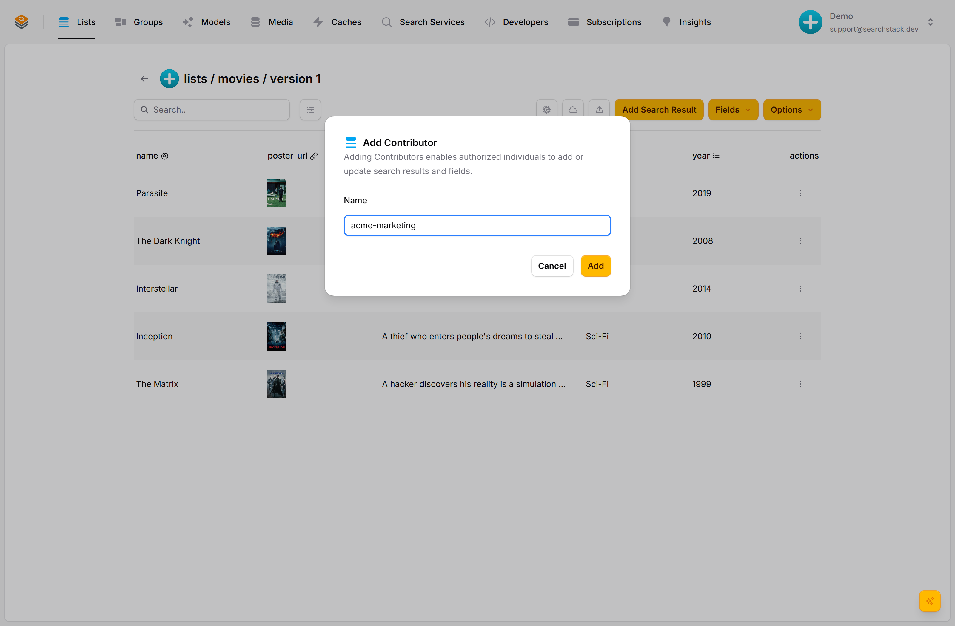 The Add Contributor dialog with an account name entered
