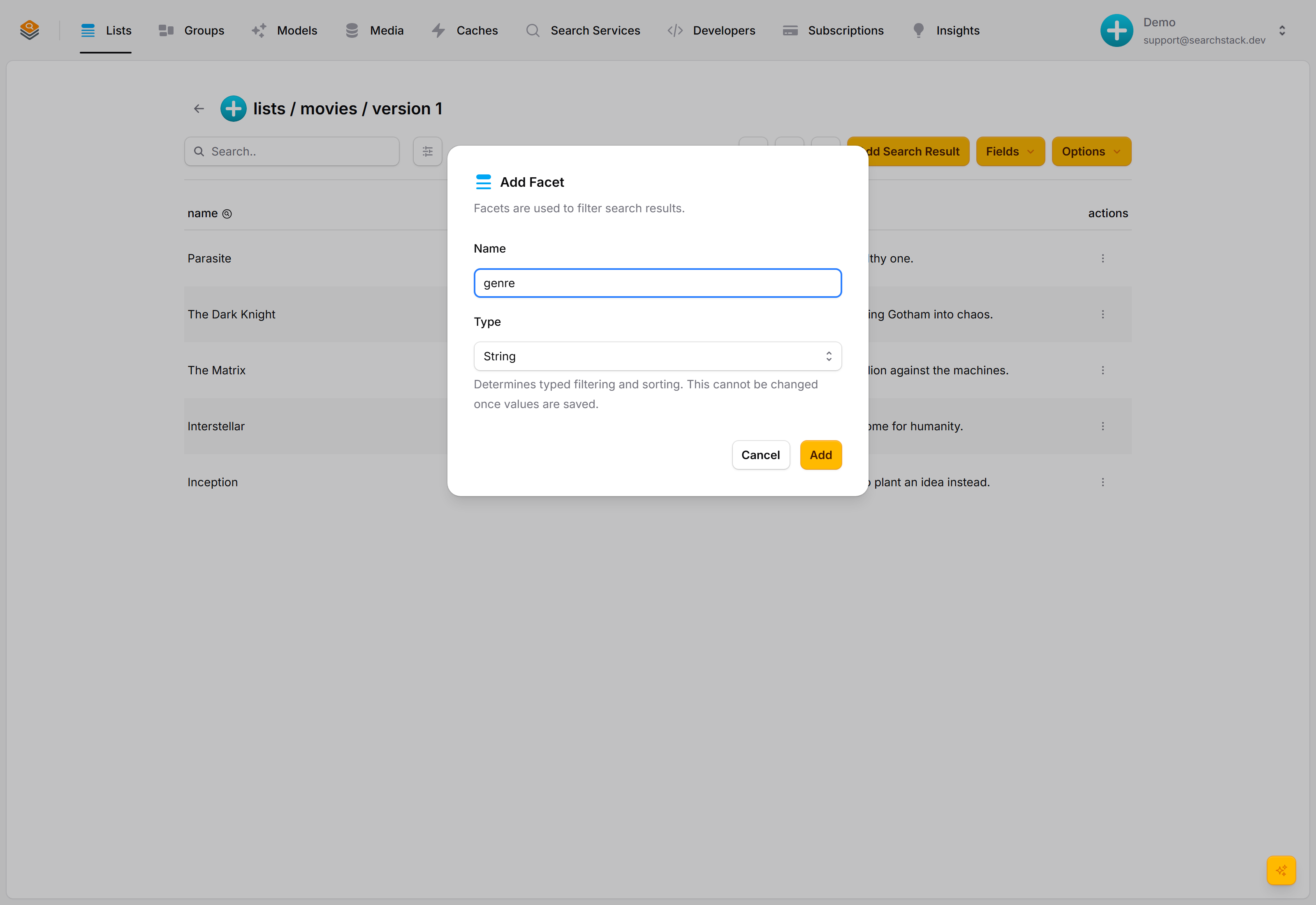 The Add Facet dialog with name 'genre' and type String