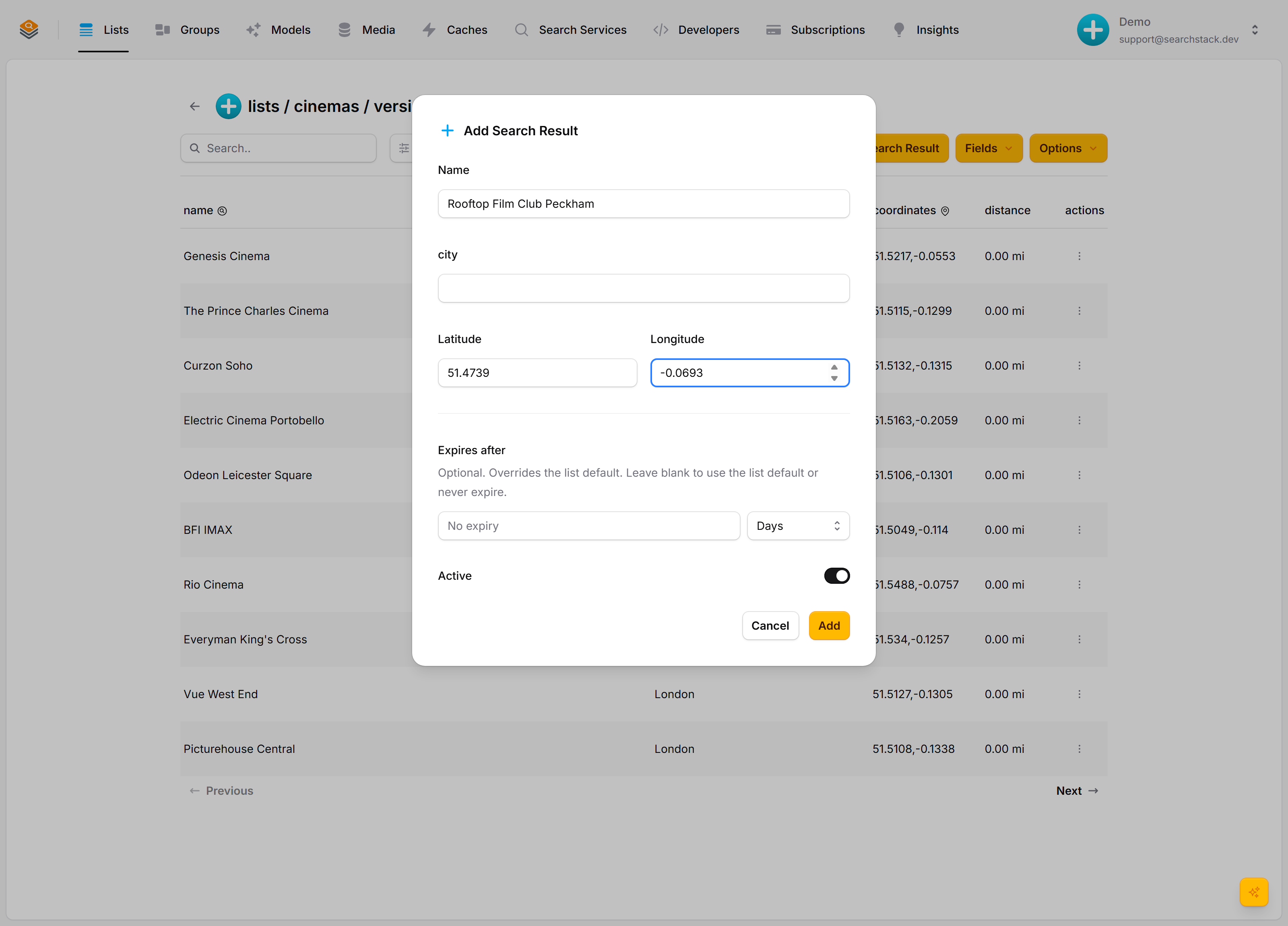 Adding a cinema with latitude and longitude fields