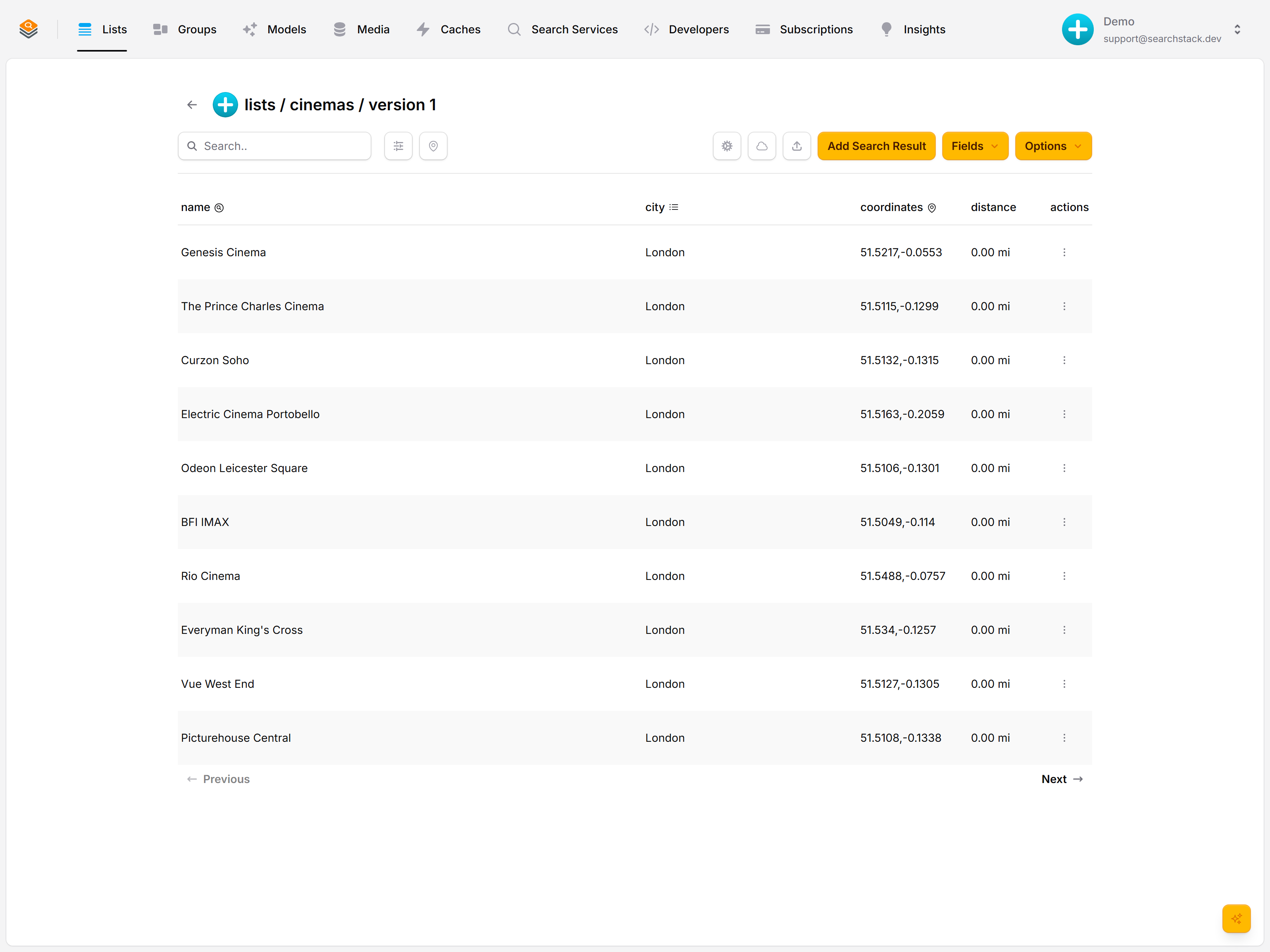 The cinemas list showing name, city, coordinates and distance columns