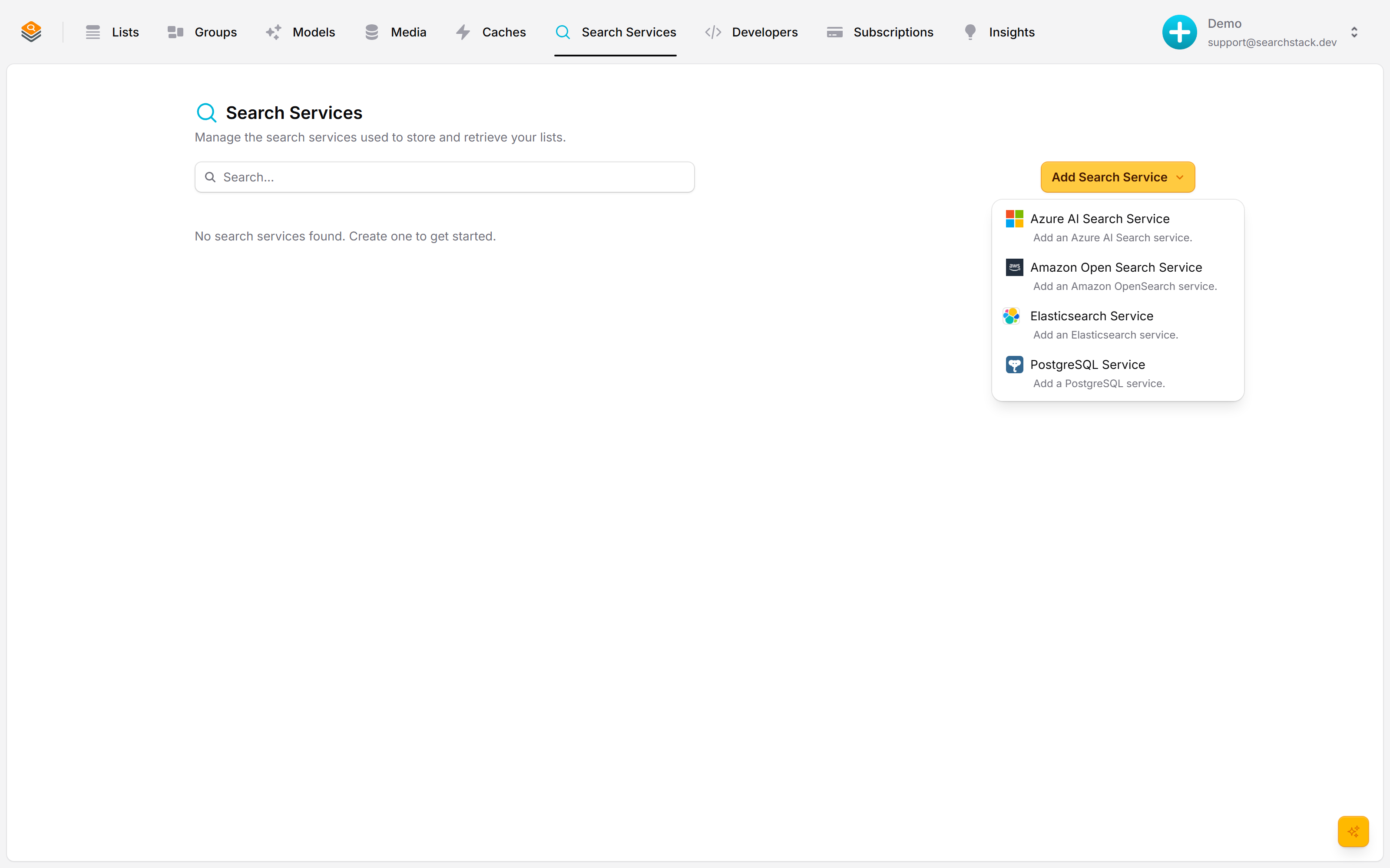The Add Search Service menu showing Azure AI Search, Amazon OpenSearch, Elasticsearch and PostgreSQL