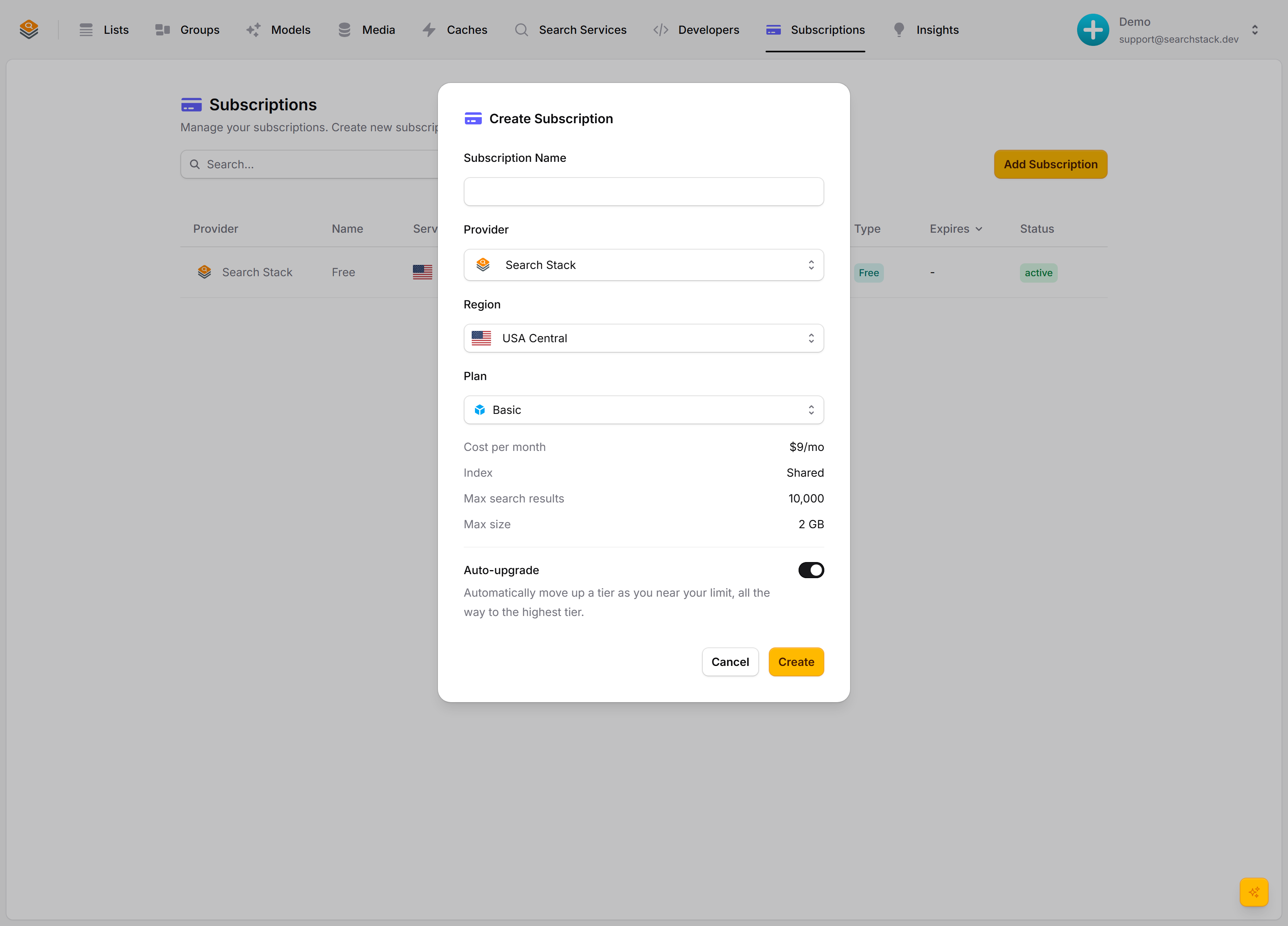 The Create Subscription dialog with provider Search Stack, a plan, monthly cost and capacity limits