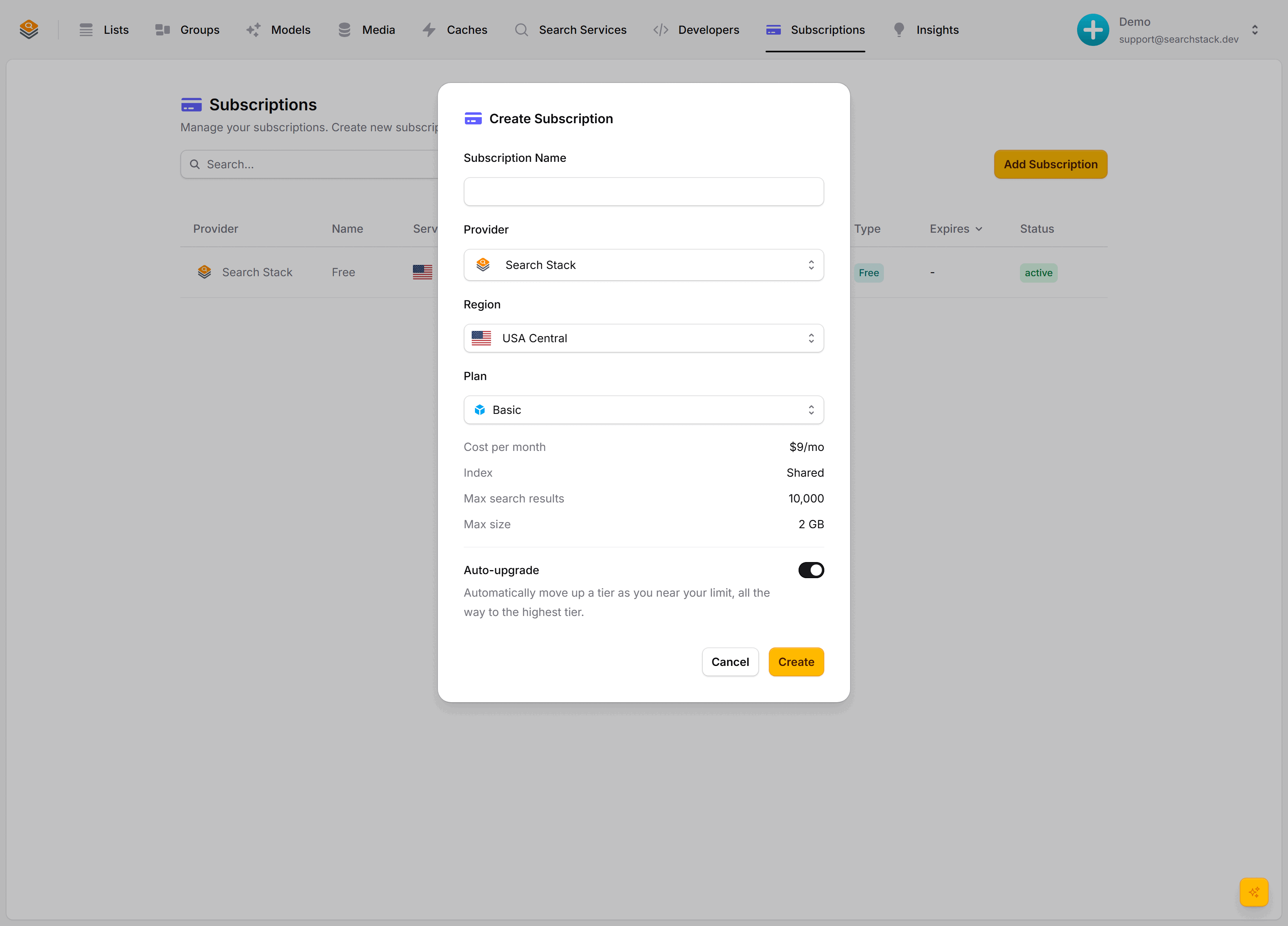 The Create Subscription dialog with provider Search Stack, a plan, monthly cost and capacity limits