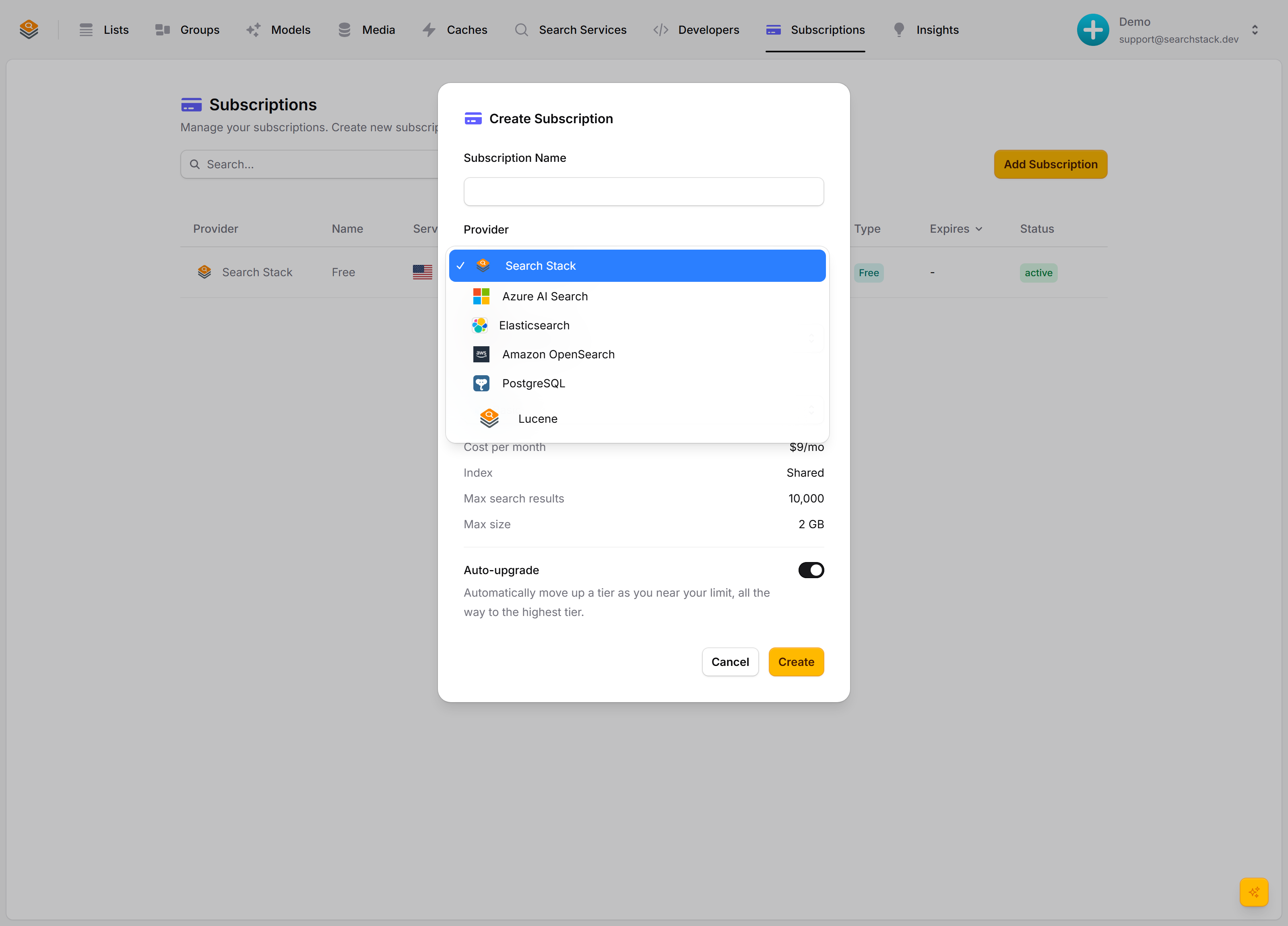 The subscription Provider dropdown: Search Stack, Azure AI Search, Elasticsearch, Amazon OpenSearch, PostgreSQL