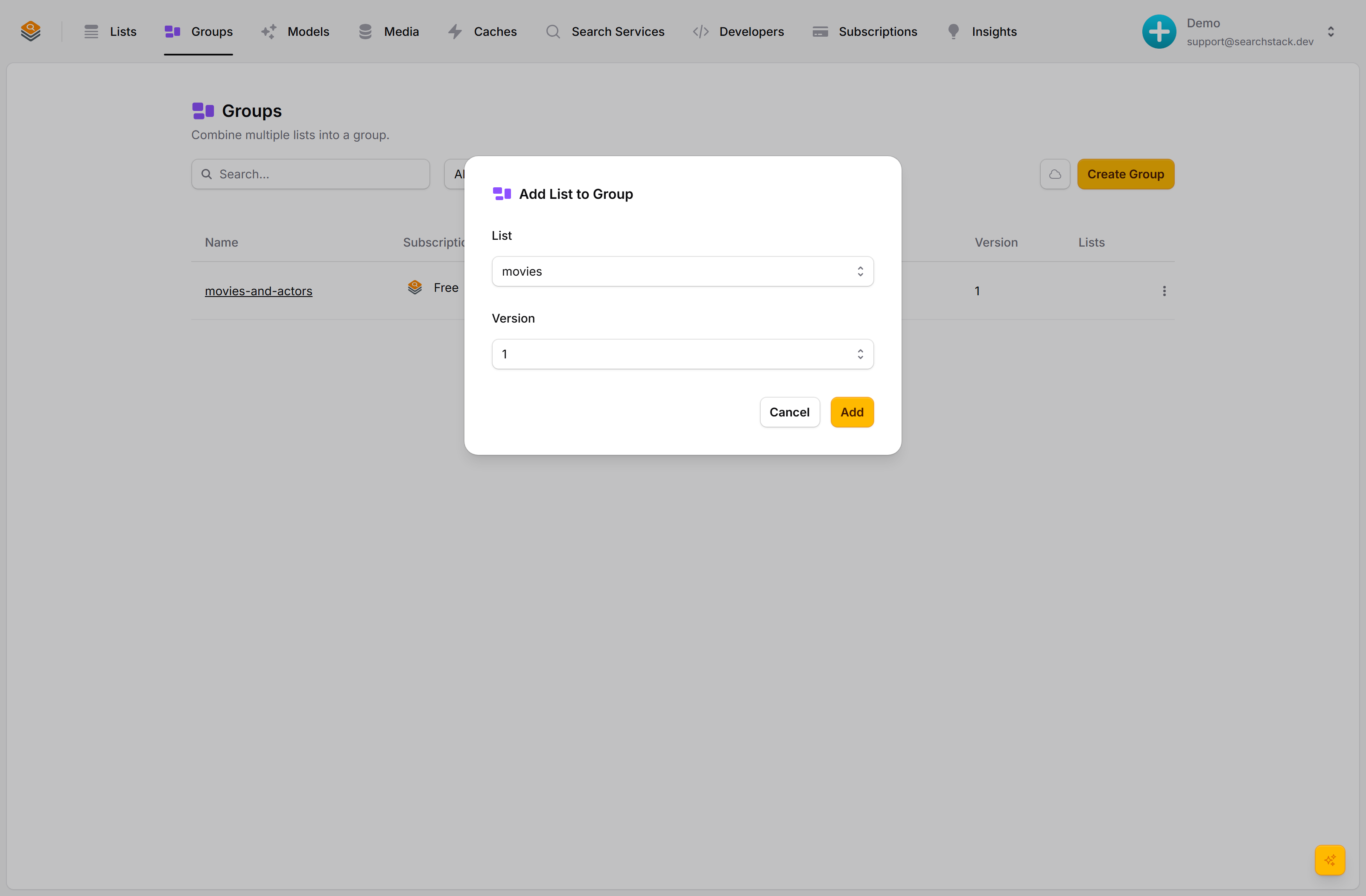 The Add List to Group dialog with a list and version selector