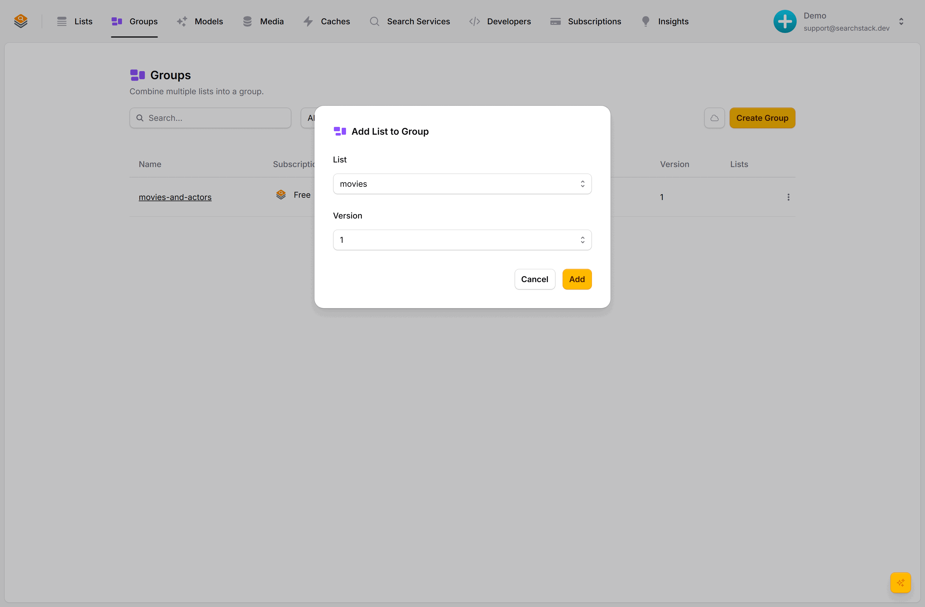 The Add List to Group dialog with a list and version selector