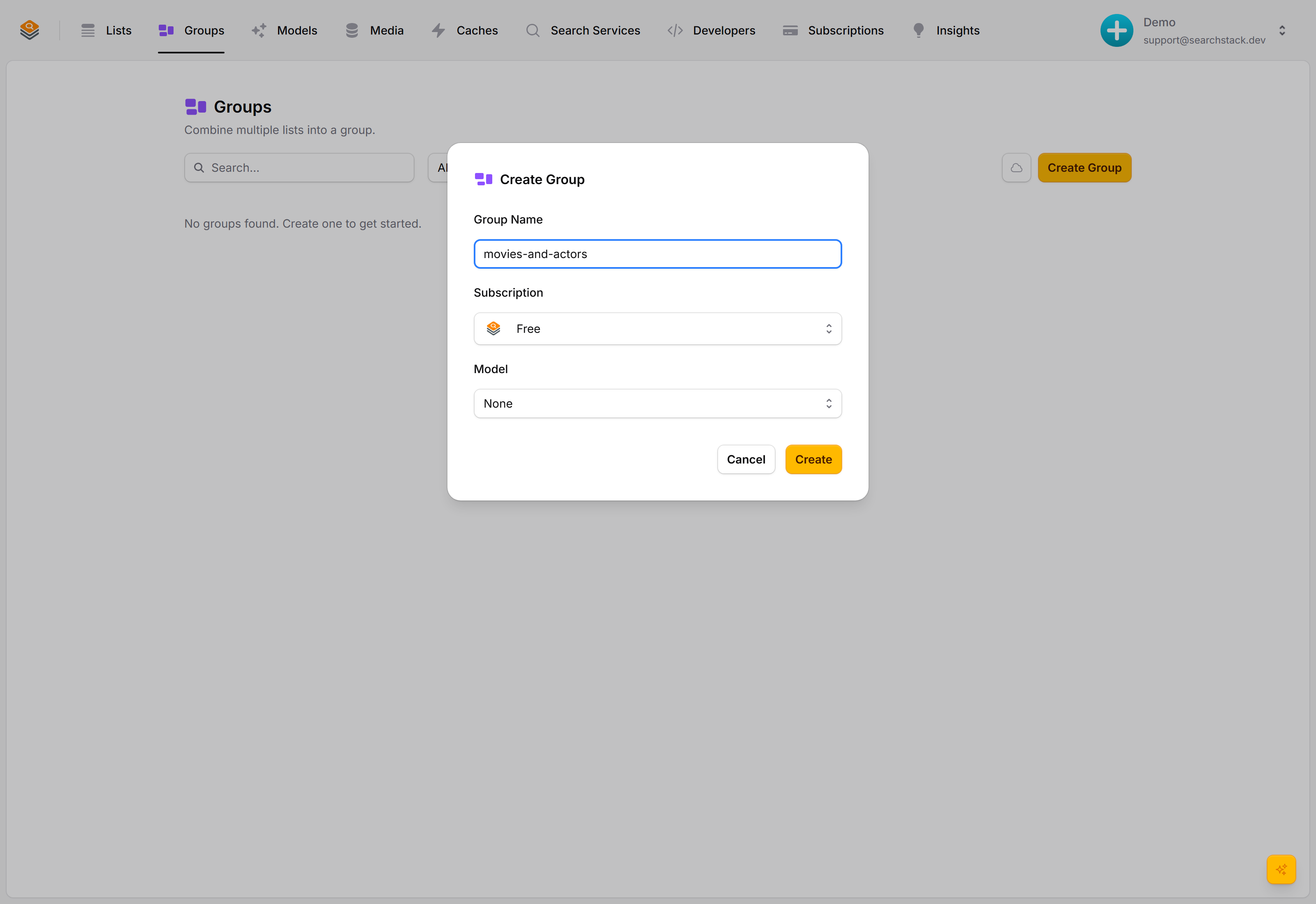 The Create Group dialog with the name 'movies-and-actors'