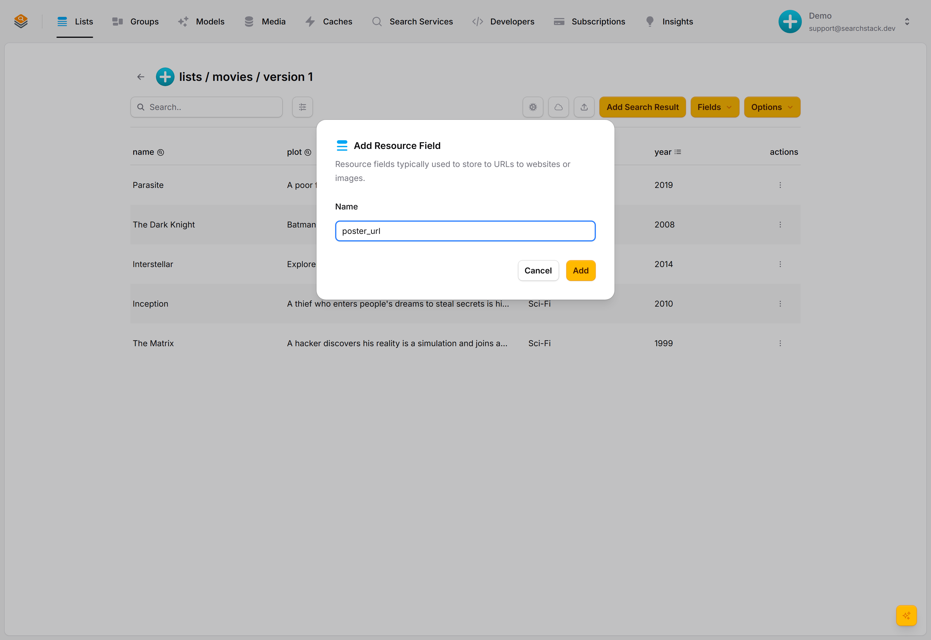 The Add Resource Field dialog with the name 'poster_url'
