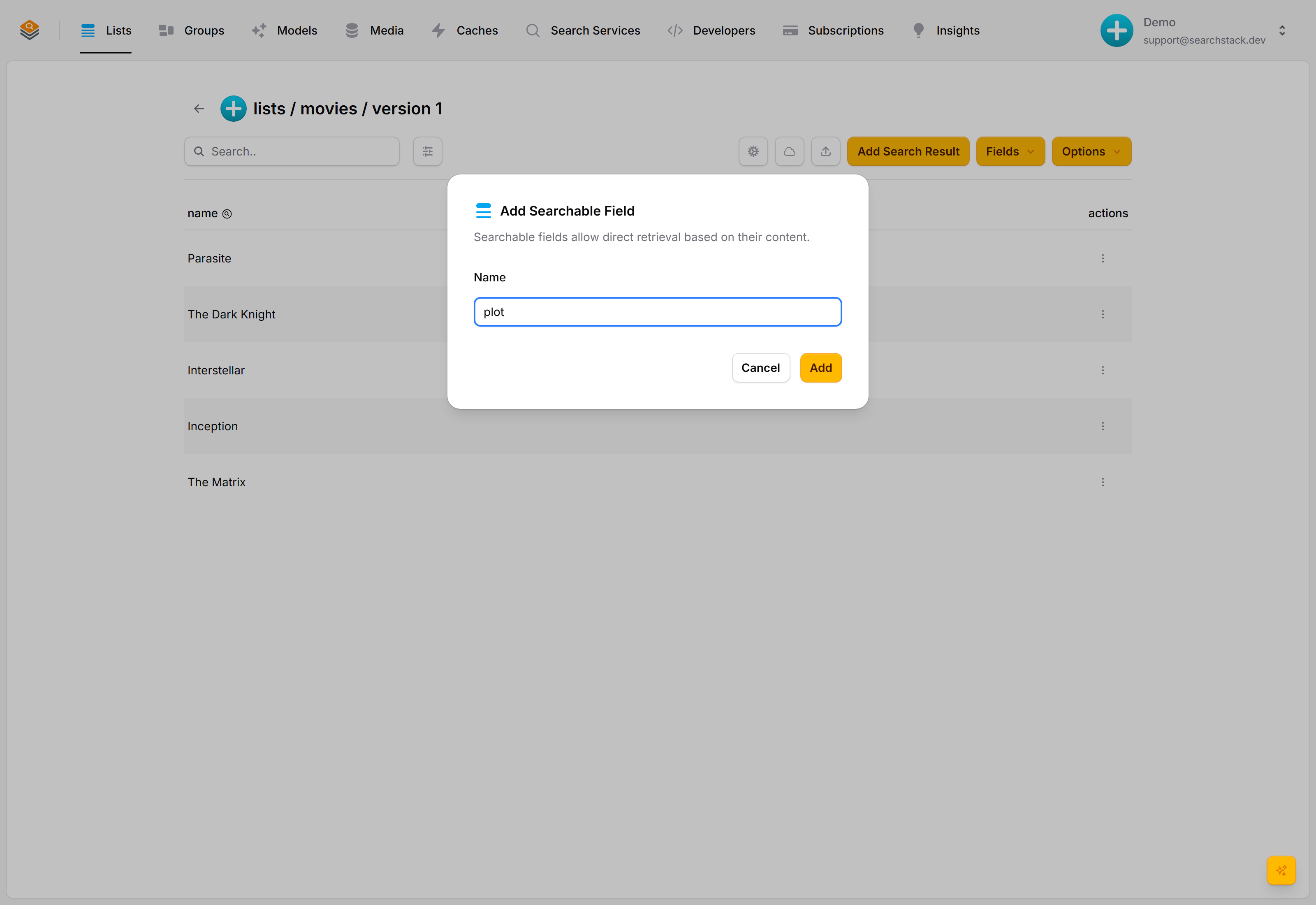 The Add Searchable Field dialog with the name 'plot'
