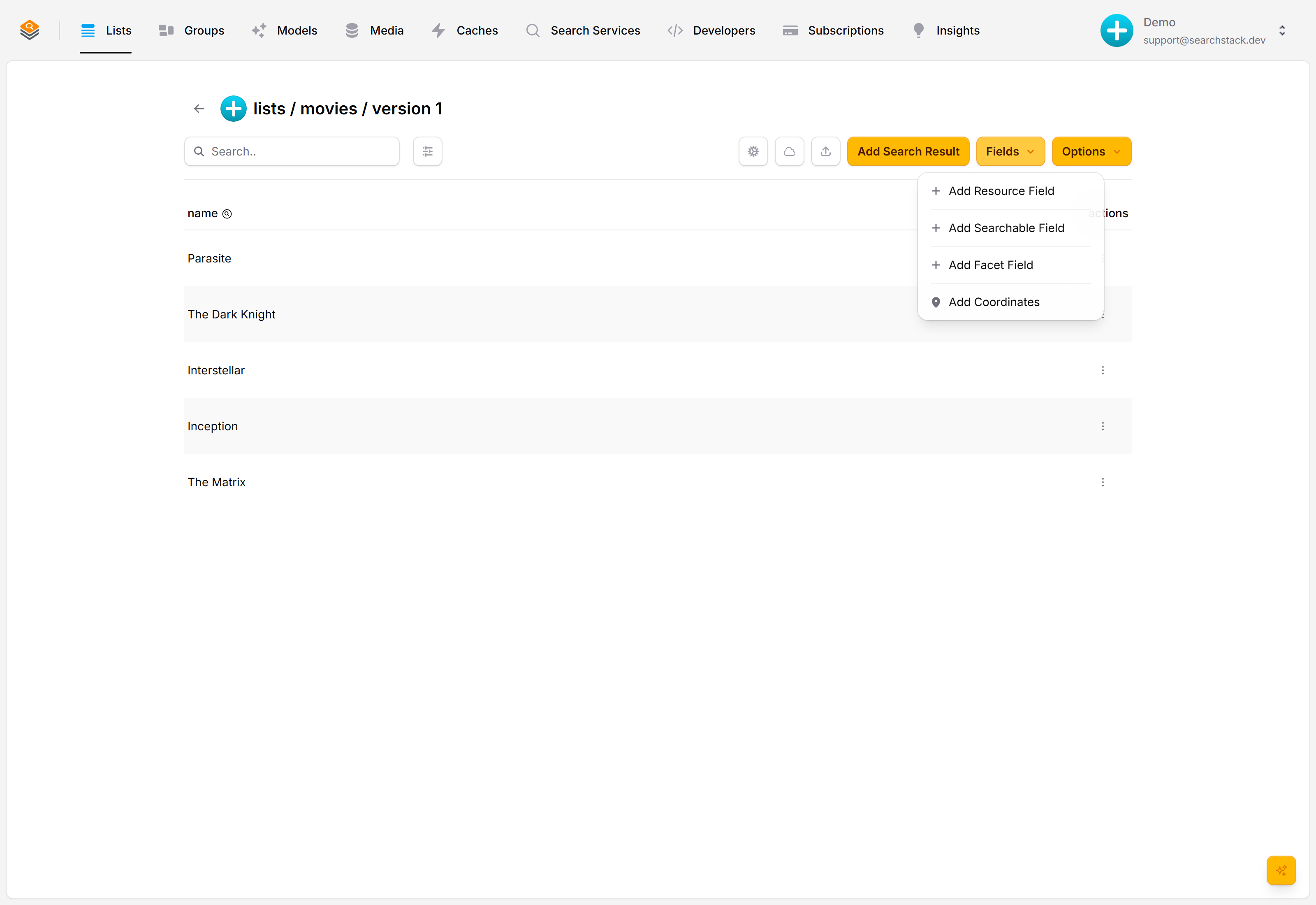 The Fields menu open, showing Add Searchable Field