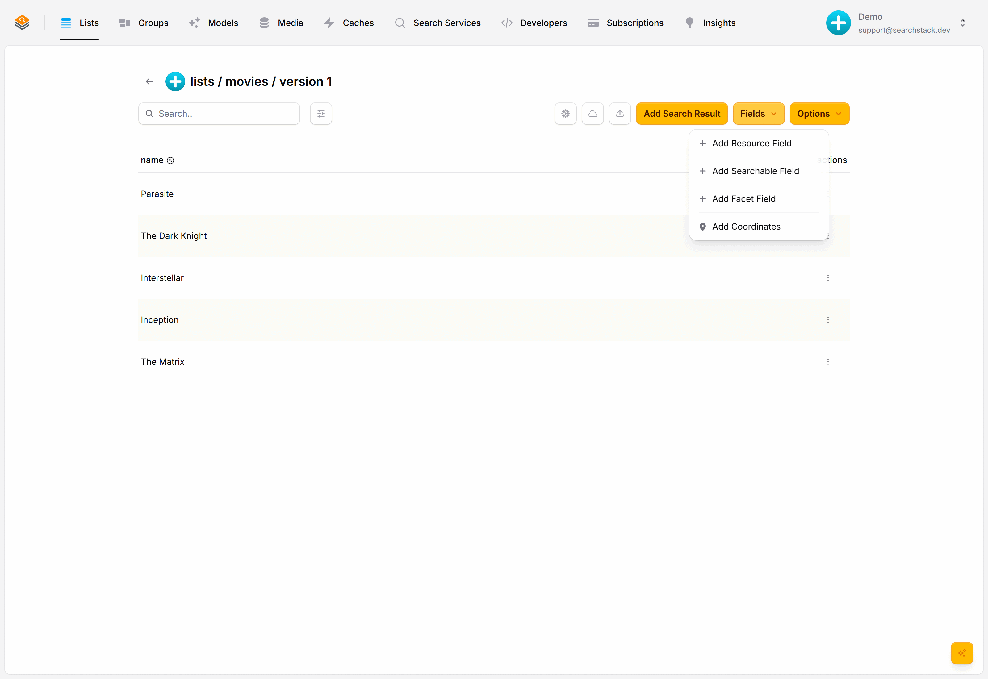 The Fields menu open, showing Add Searchable Field