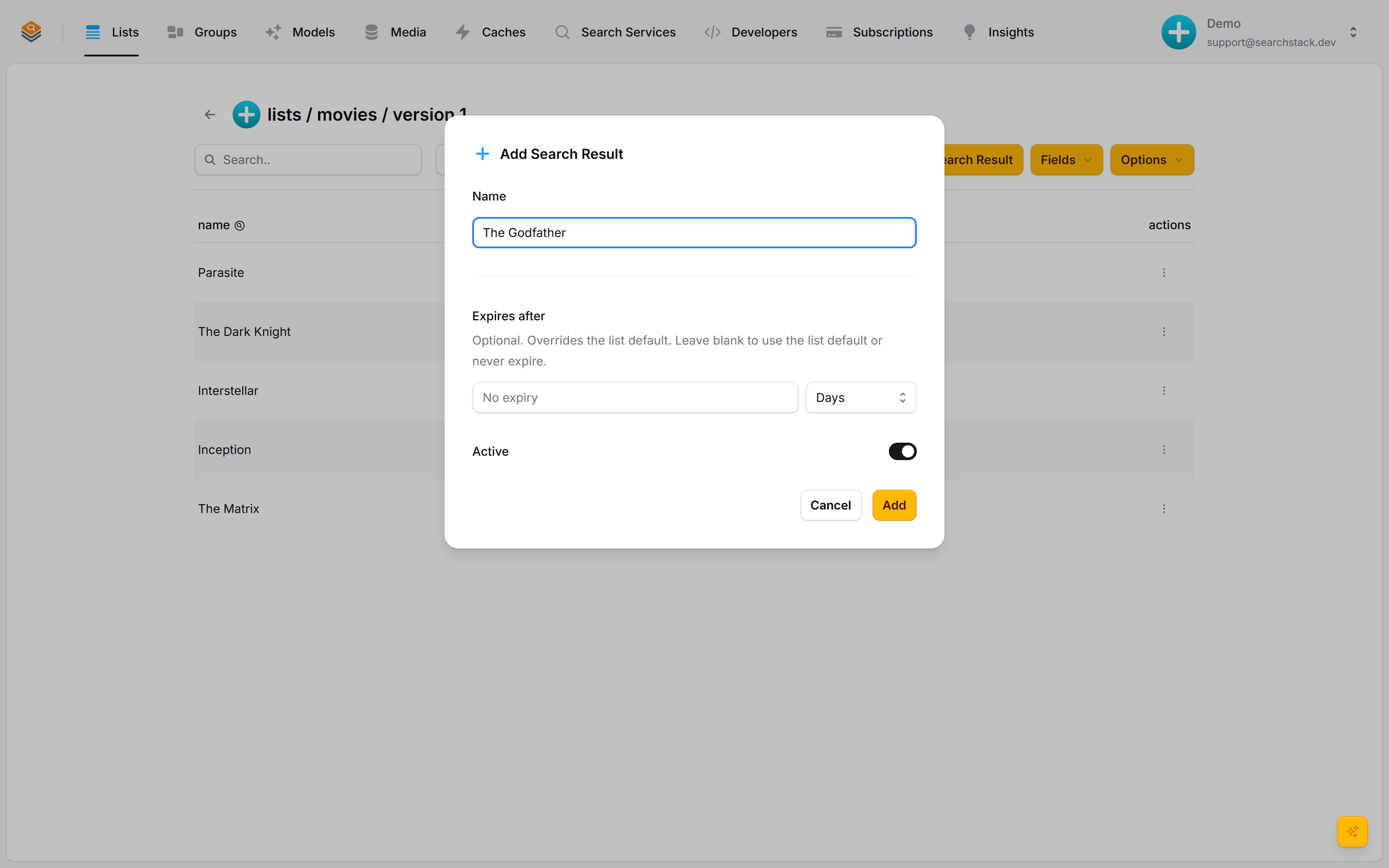 The Add Search Result dialog with a film title entered