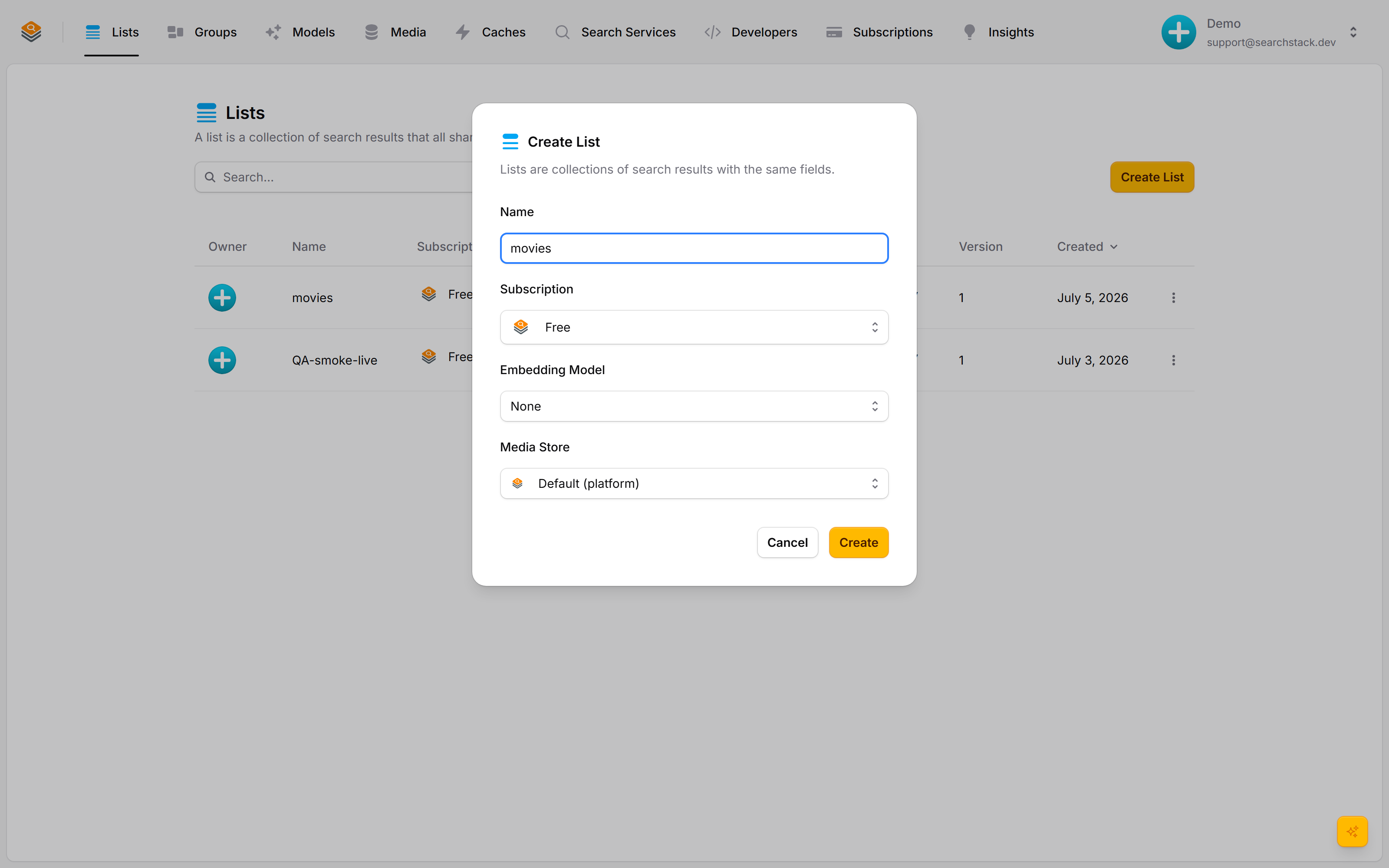 The Create List dialog with the name 'movies' entered