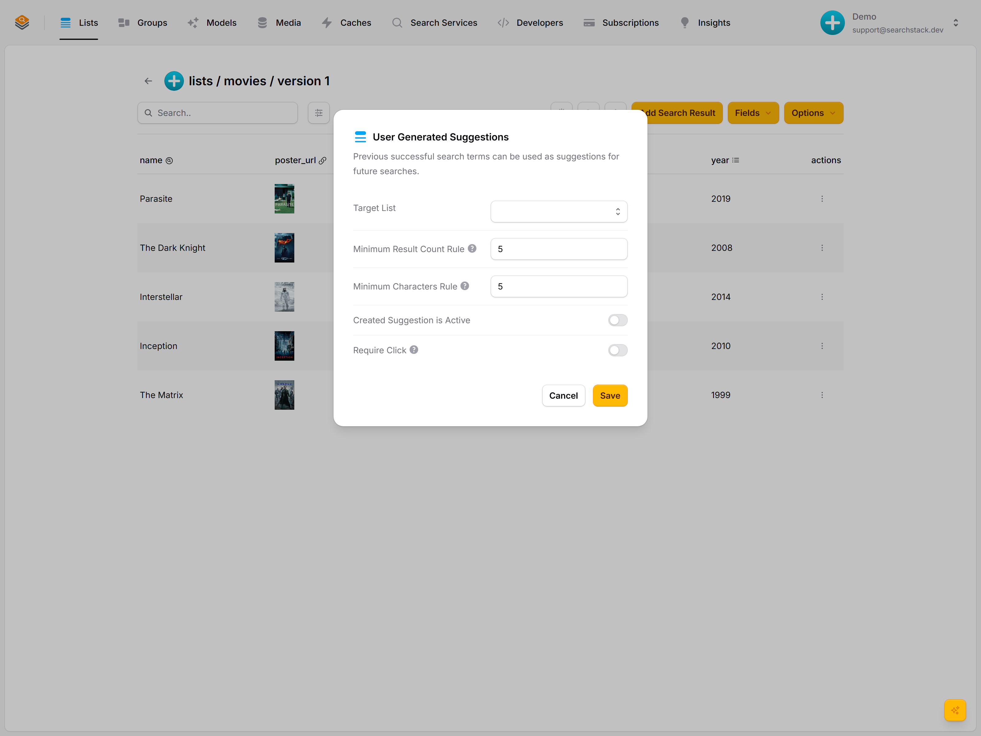 The User Generated Suggestions dialog showing capture rules: target list, minimum result count, minimum characters, active, require click
