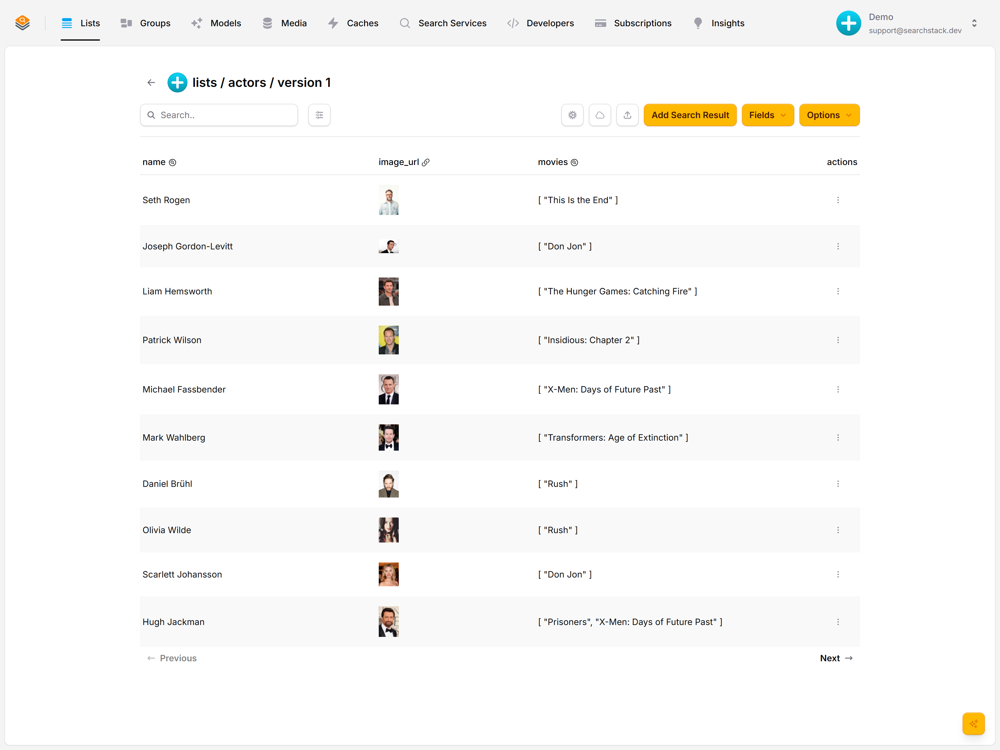 The imported actors list showing name, image_url and movies columns with headshots
