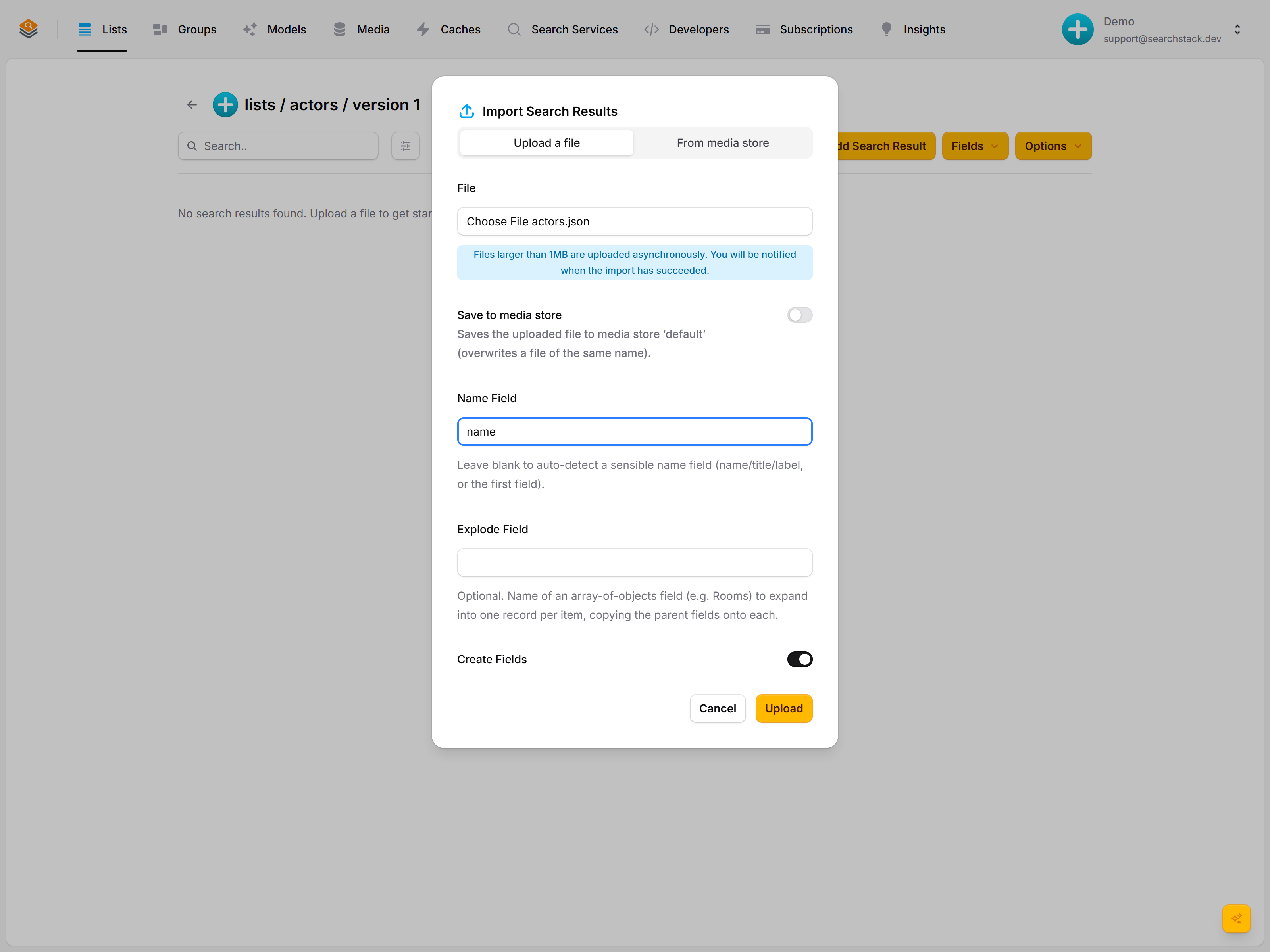 The Import Search Results dialog with actors.json chosen, name field set, Create Fields on